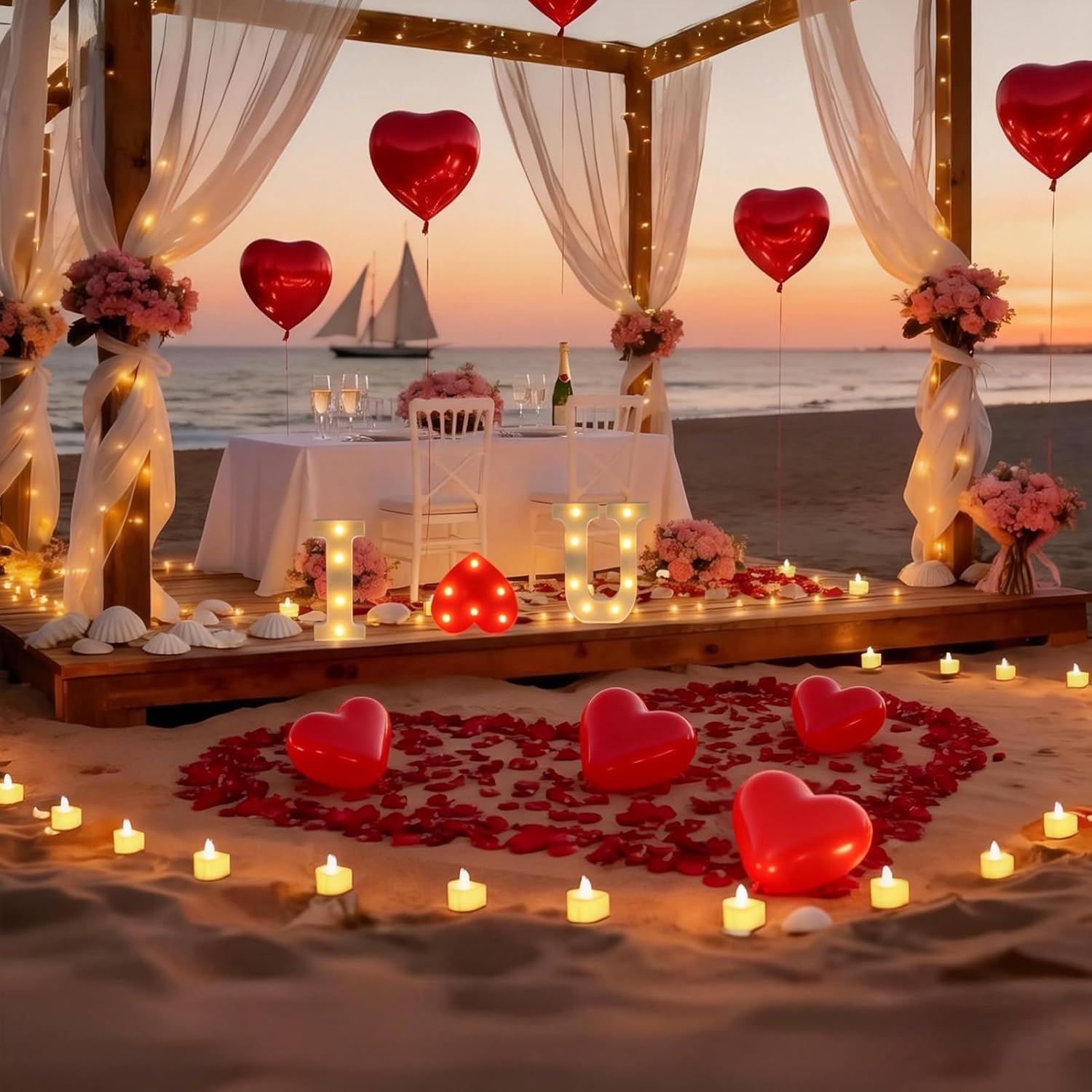 Wondise I Love U Light Up Letters, I Love U Sign Proposal Decorations with 30Pcs Flameless Tea Lights 2000Pcs Red Rose Petals 20Pcs Red Balloons for Valentine's Day Wedding Proposal Romantic Night