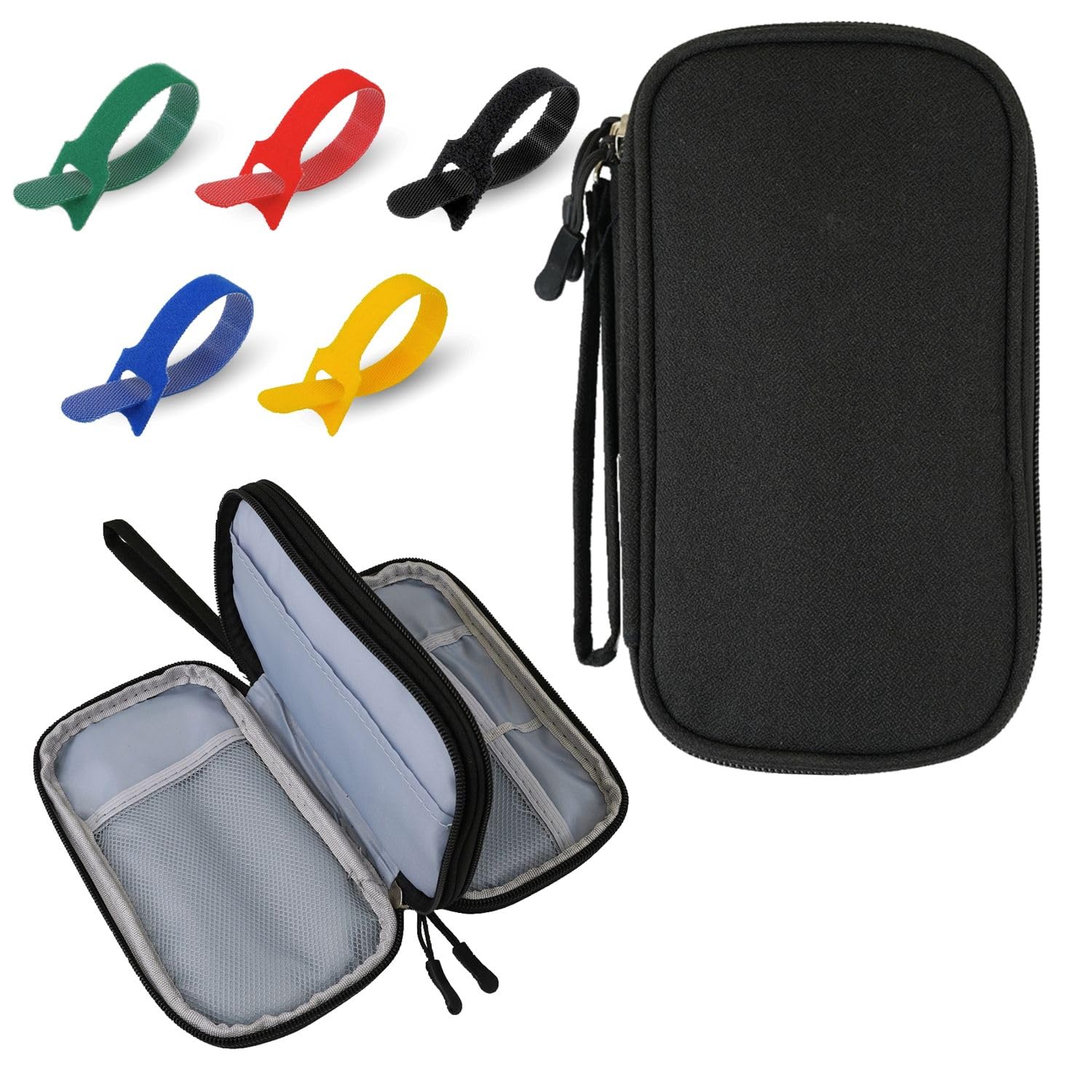 Organizador Cables Viaje – Estuche para Cables + 10 Bridas Autoadherentes | Estuche para Cargadores, USB y Accesorios Electrónicos | Bolsa Compacta y Versátil (NEGRO)