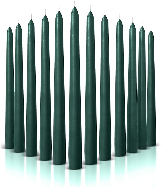Taper Candle Set, 12 Pack, Unscented, Dripless 10 inch Dinner Candles, Smokeless, Household Candles Perfect for Party, Wedding, Christmas, 6 Colors White, Ivory, Red, Wine, Green, and Blue (Green)
