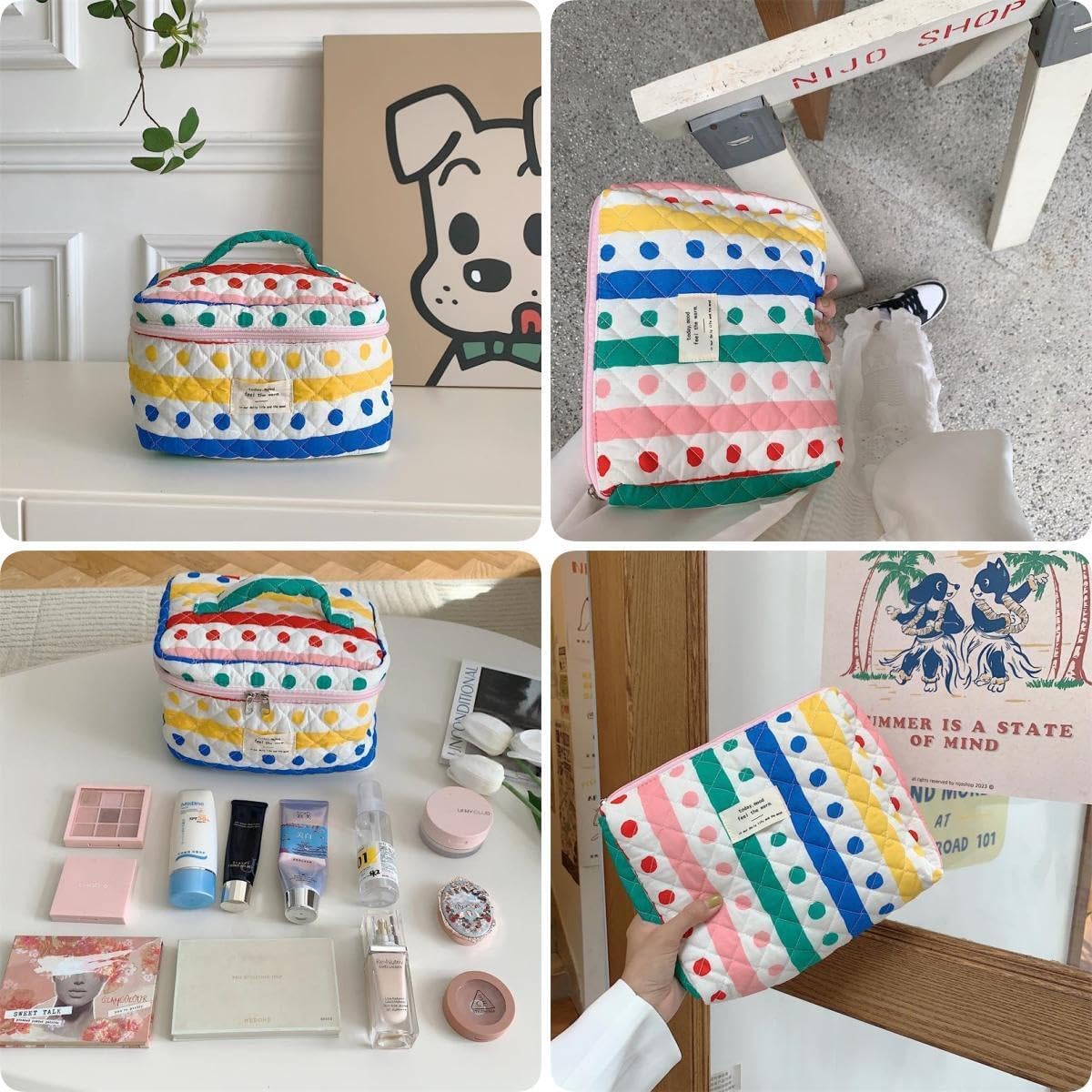 Makeup Bag Travel Essentials Quilted Cosmetic Toiletry Pouch Organizer Insert for Women Dorm Room Essential Gift Large Capacity Opening Lightweight Cute Aesthetic Portable 2PCS (Colorful Dots) - Image 3