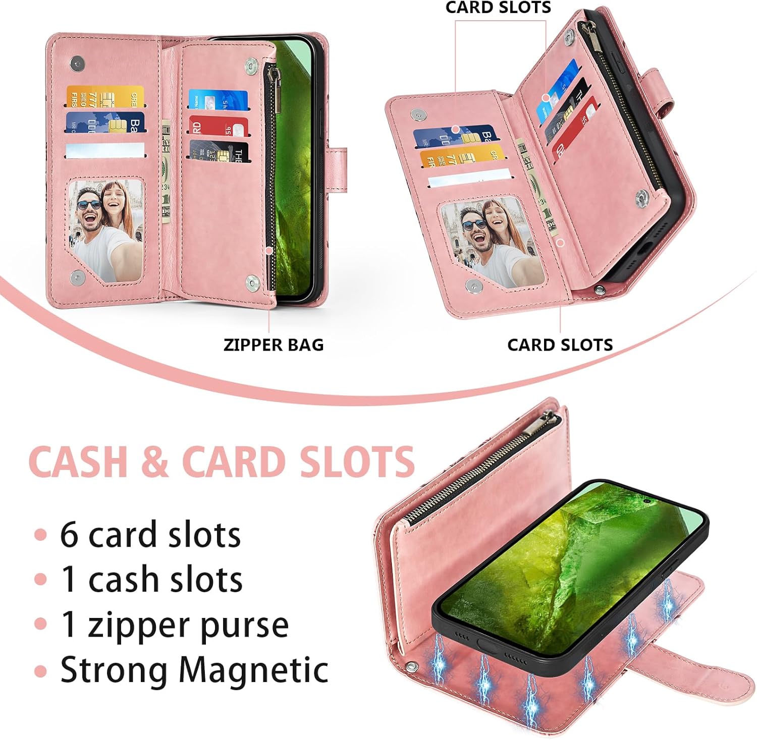 Asuwish Phone Case for Google Pixel 8A 5G Zipper Wallet Magnetic Detachable Cell Cover with Tempered Glass Screen Protector Crossbody Strap Mandala Flower Card Holder Pixel8A A8 Women Girls Rose Gold