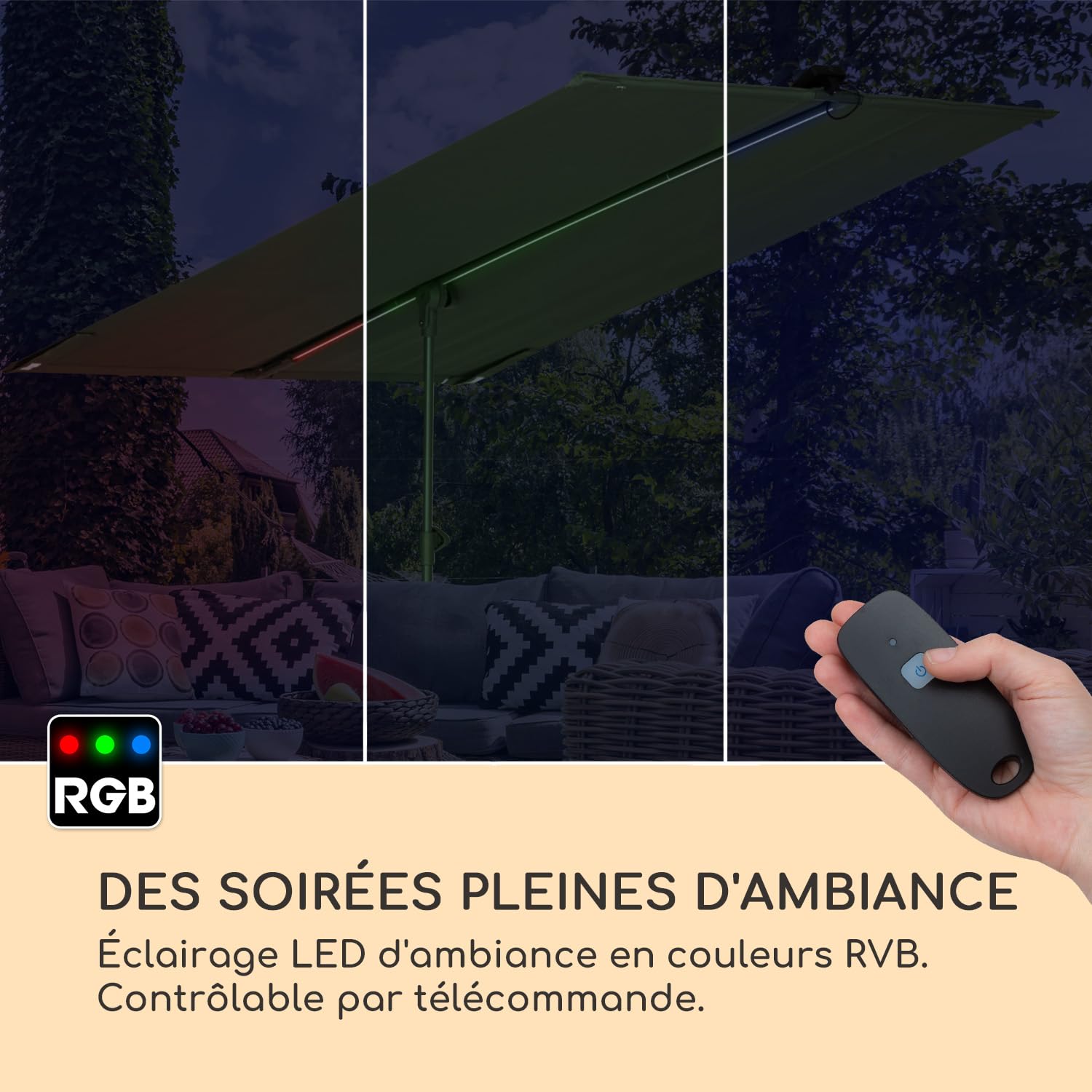 blumfeldt Parasol Flex Garden, 180x130 cm Parasol de Jardin Exterieur et Balcon, Panneaux Solaires, Lumières LED Contrôle WiFi, Protection UV, Etanche, Parasol Deporte Réglables Hauteur, Angle-Base