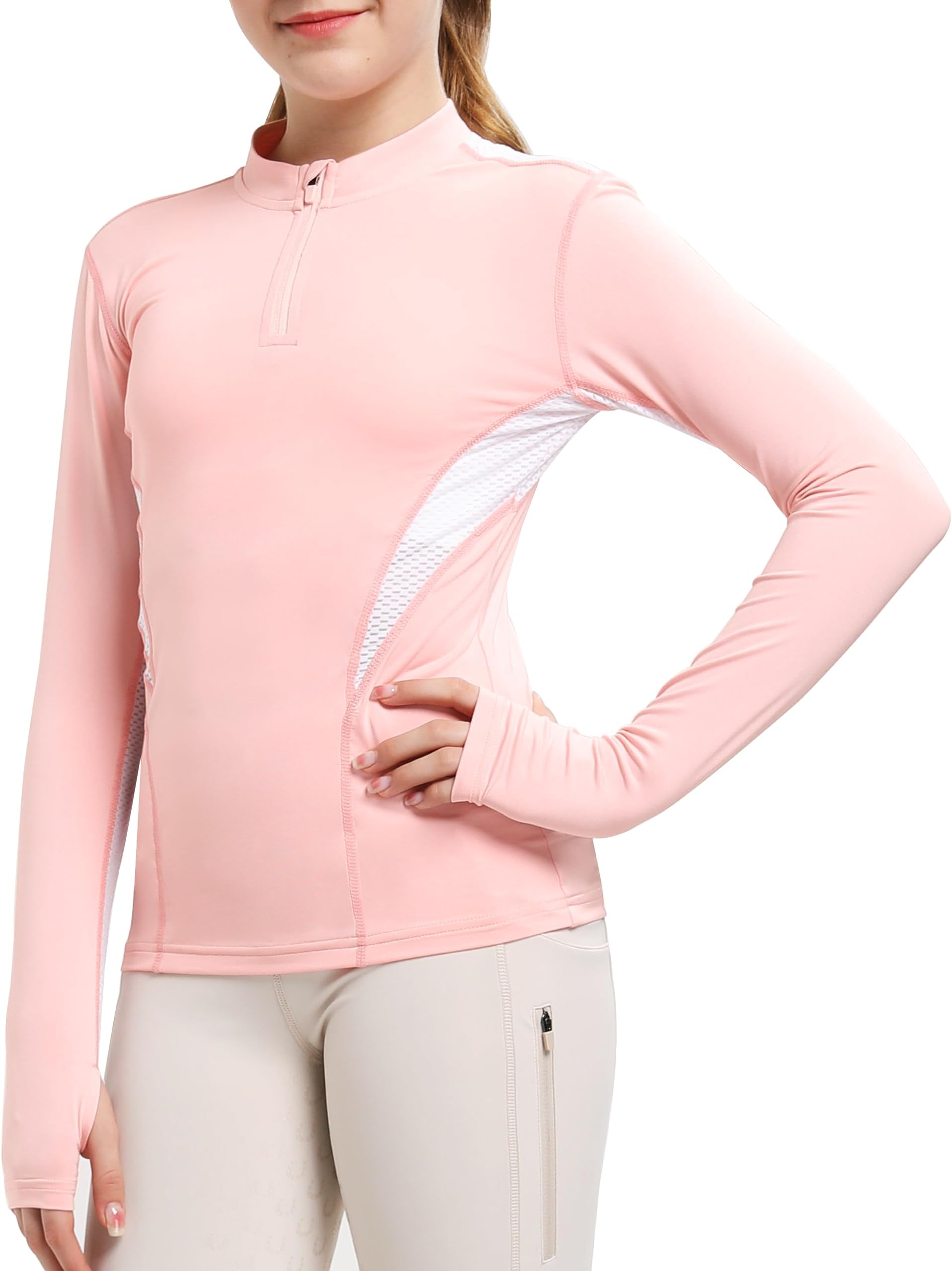 Girls Long Sleeves Shirts Thumbhole English Horse Riding Shirt UPF50 Quick Dry Kids Equestrain Half Zip Jacket