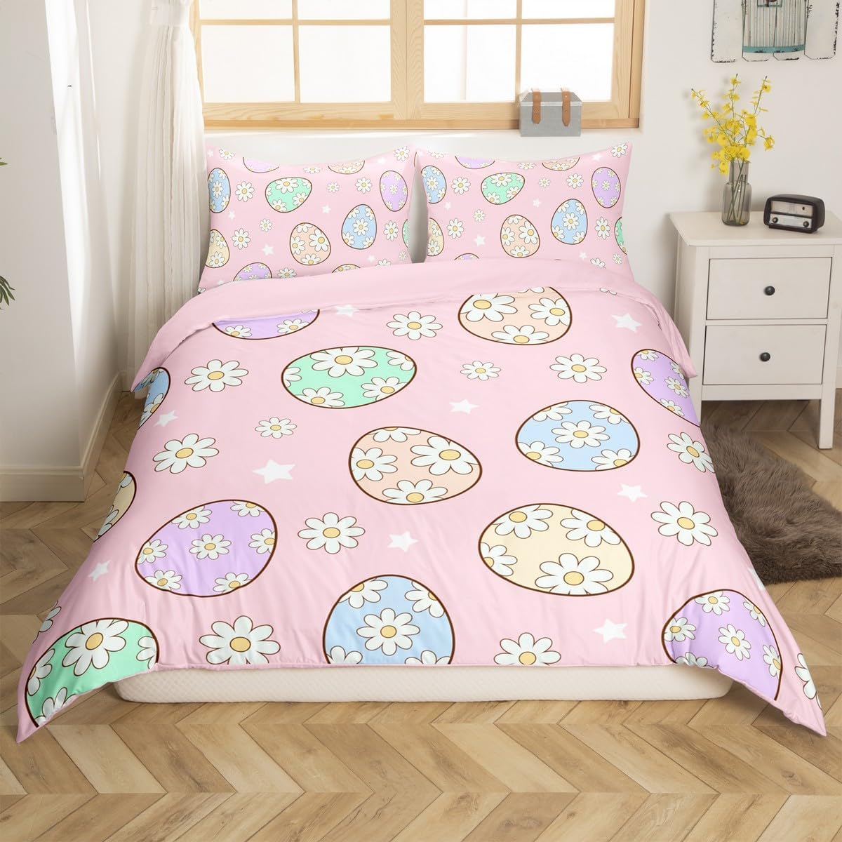Castle Fairy Daisy Eggs Duvet Cover Set Toddler Size,Colorful Egg Bedding Set for Kids Boys Girls Room Decor,Happy Easter Comforter Cover,Cartoon Style Quilt Cover with 1 Pillowcase(No Comforter)
