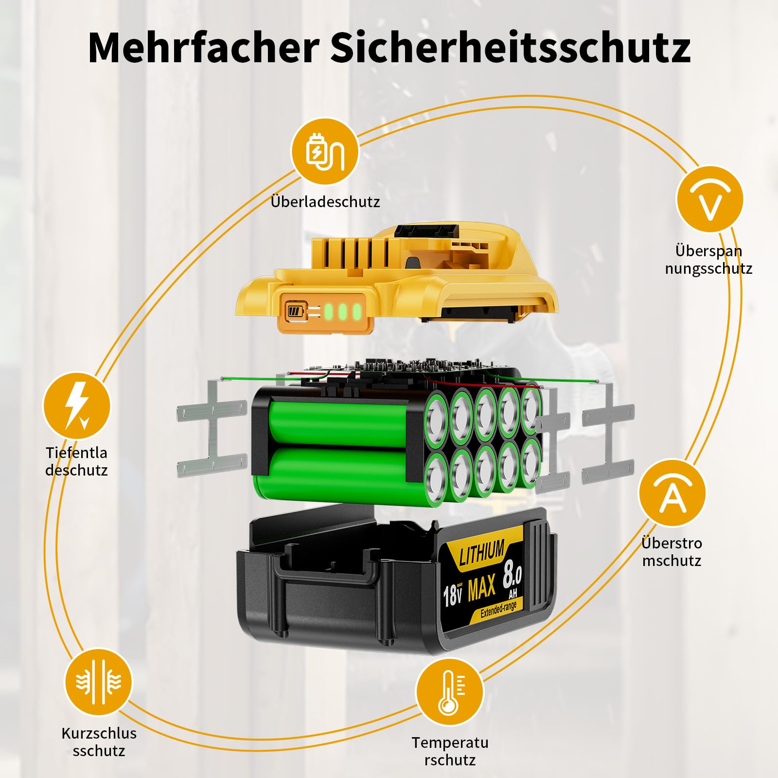 2 X 8000mAh for Dewalt Akku 18V, Ersatzakku für Dewalt 18 Volt XR Serie