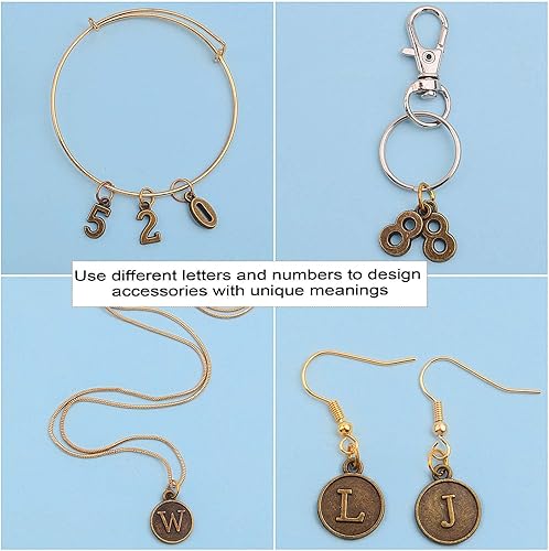 Miniatura 7 de Aylifu Dijes redondos de letras 26 colgantes del alfabeto A-Z y 5 juegos (50 unidades) de números del 0 al 9 para hacer joyas, manualidades