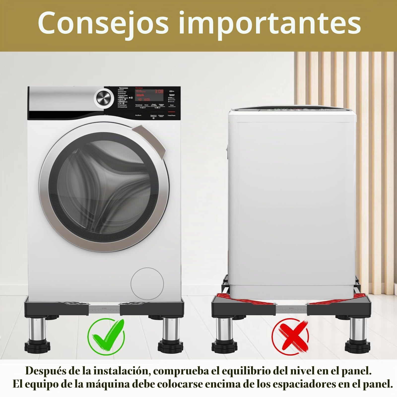 DEWEL Soporte Lavadora Ajustable para Lavadoras, Frigoríficos y Secadoras | con Cuatro Pies de Acero Inoxidable, Ancho Regulable 45-65cm, Altura 13-17cm, Carga Máxima 200 kg, Negro