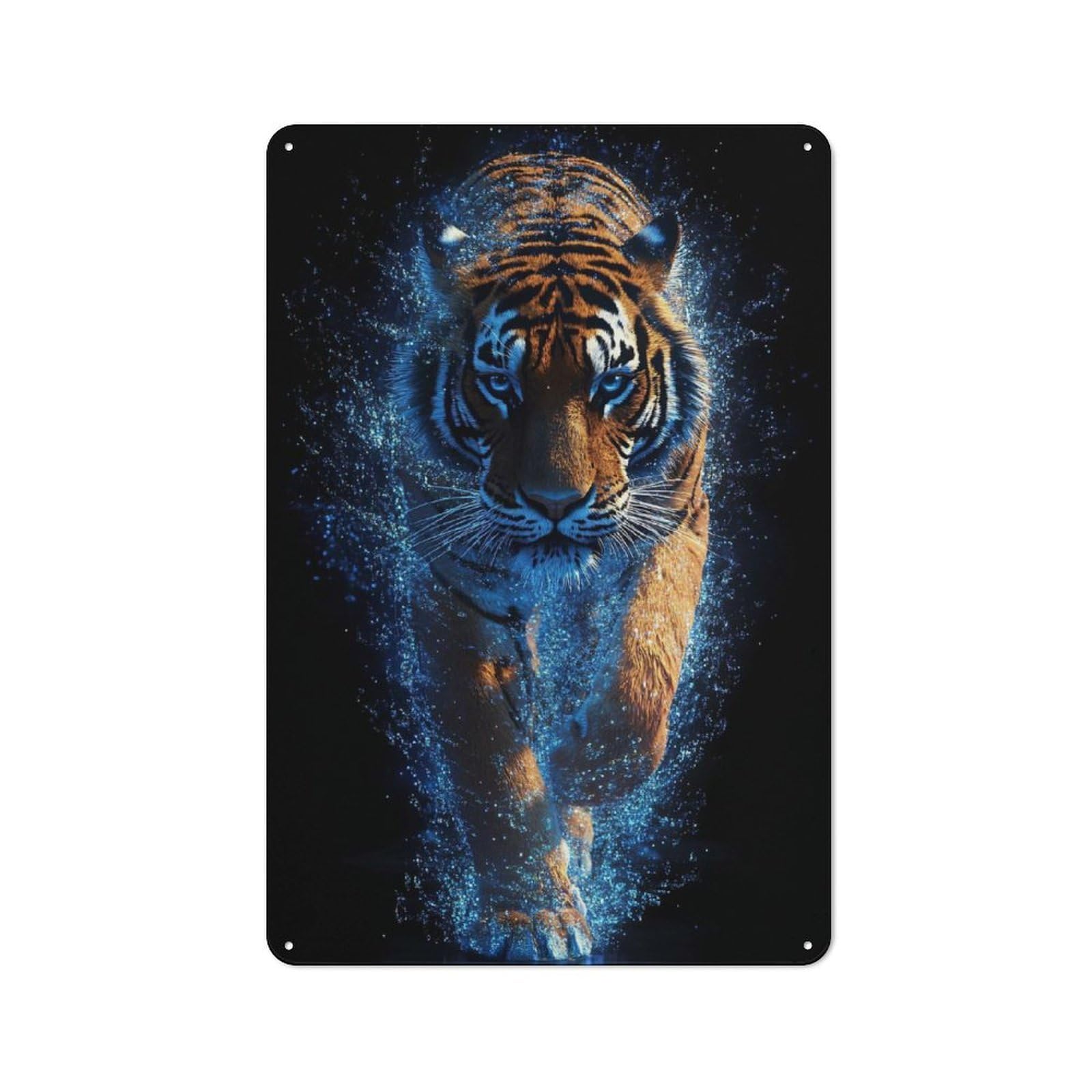 Junmoney Style-15 Tin Wall Plaque 30X20cm With Tiger With Blue Sparkle Effect For Bar Or Restaurant, Housewarming Present For People Styling Bar And Restaurant