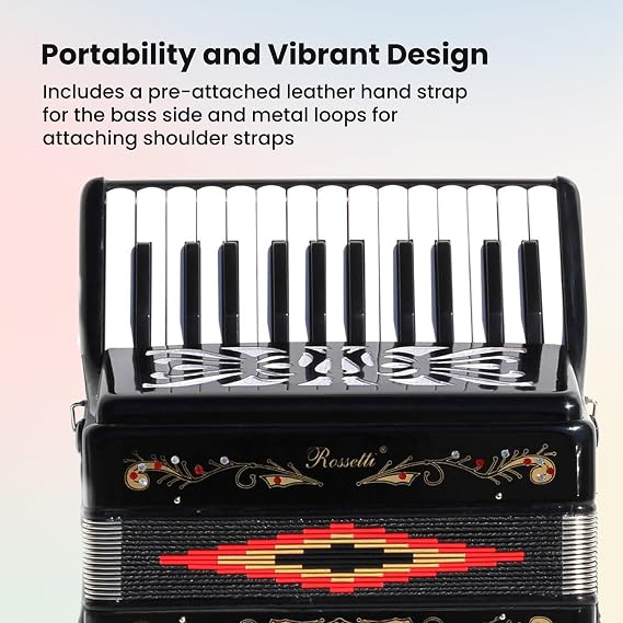 Rossetti 25-Key 12-Bass Piano Accordion - Gloss Black Bundle with Hard Case, Gig Bag, Straps, and Austin Bazaar Polishing Cloth