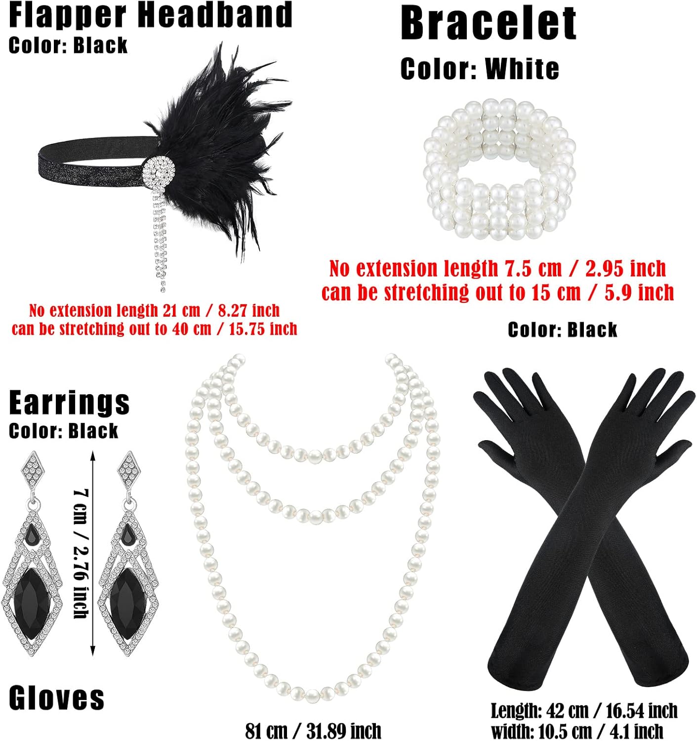 Maitys 1920s Accessories Set for Women Flapper Costume Feather Headband Necklace Bracelet Earrings - Image 3