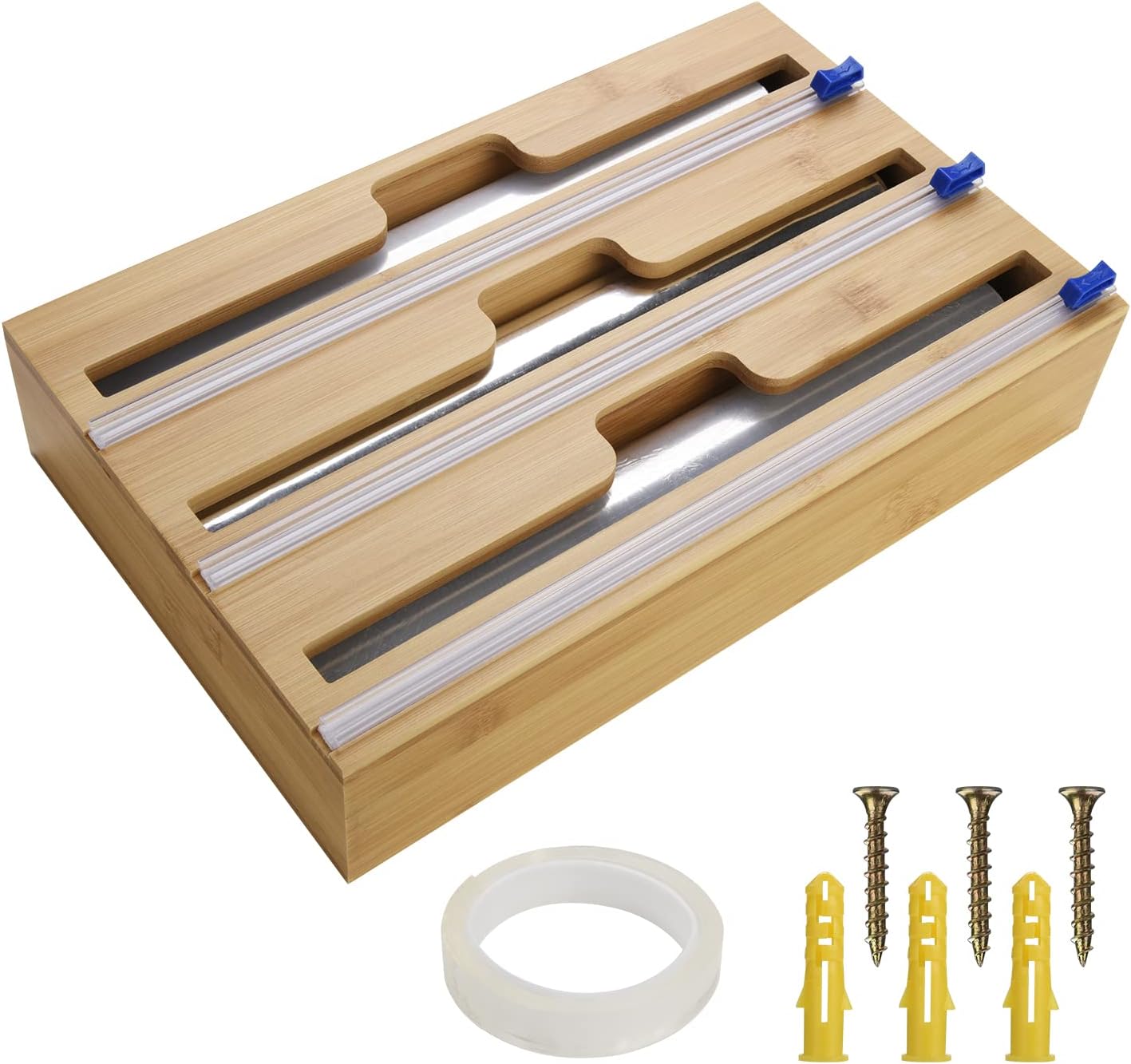 Ustopfire Foil and Plastic Wrap Organizer, 3 in 1 Bamboo Plastic Wrap Dispenser with Cutter, Aluminum Foil, Parchment, Wax Paper Dispenser for Drawer, Kitchen Organization and Storage with 12" Roll