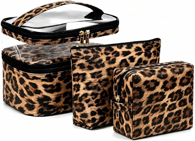 Conjunto com 3 necessaires de maquiagem imerelez em PU, marrom