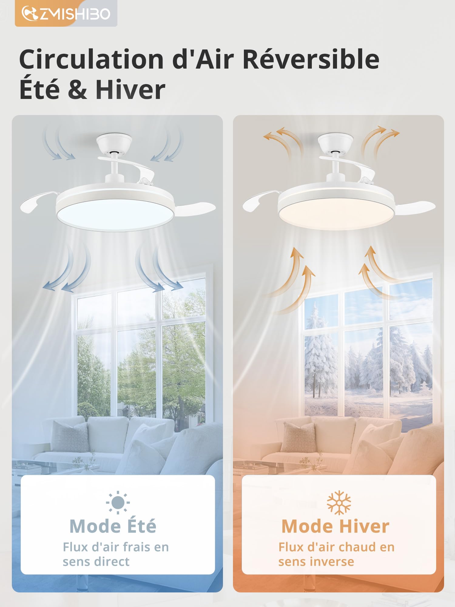 ZMISHIBO – Ventilateur de plafond avec lumière 106 cm, pales rétractables invisibles, CCT 3000K–6500K, fonction été & hiver, moteur DC 30 W + LED 38 W, 6 vitesses, silencieux, minuterie 2 h/4 h, blanc