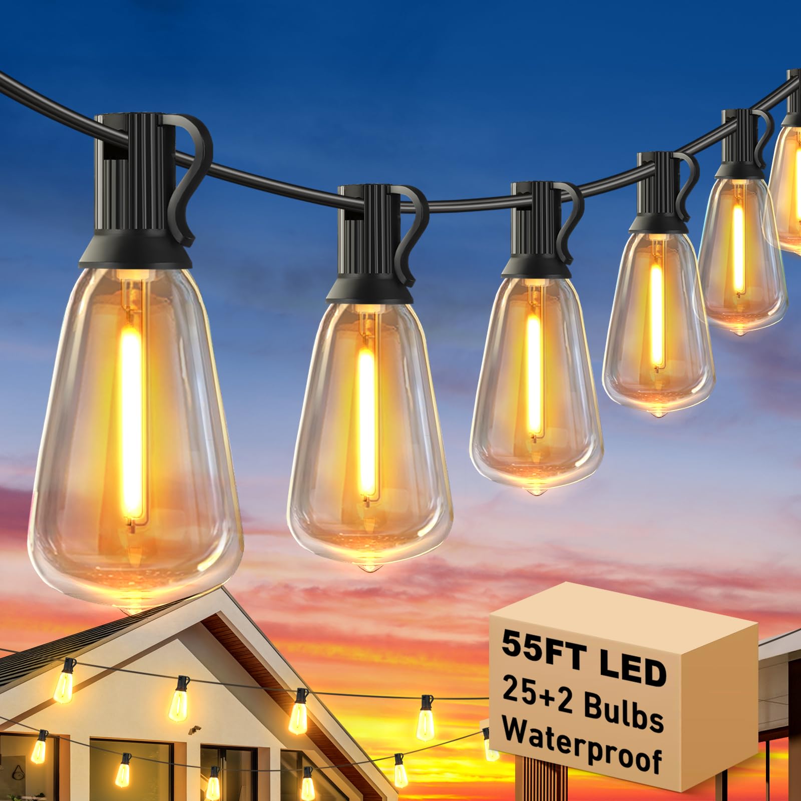 55FT Outdoor String Lights with 27 Shatterproof LED Edison Bulbs