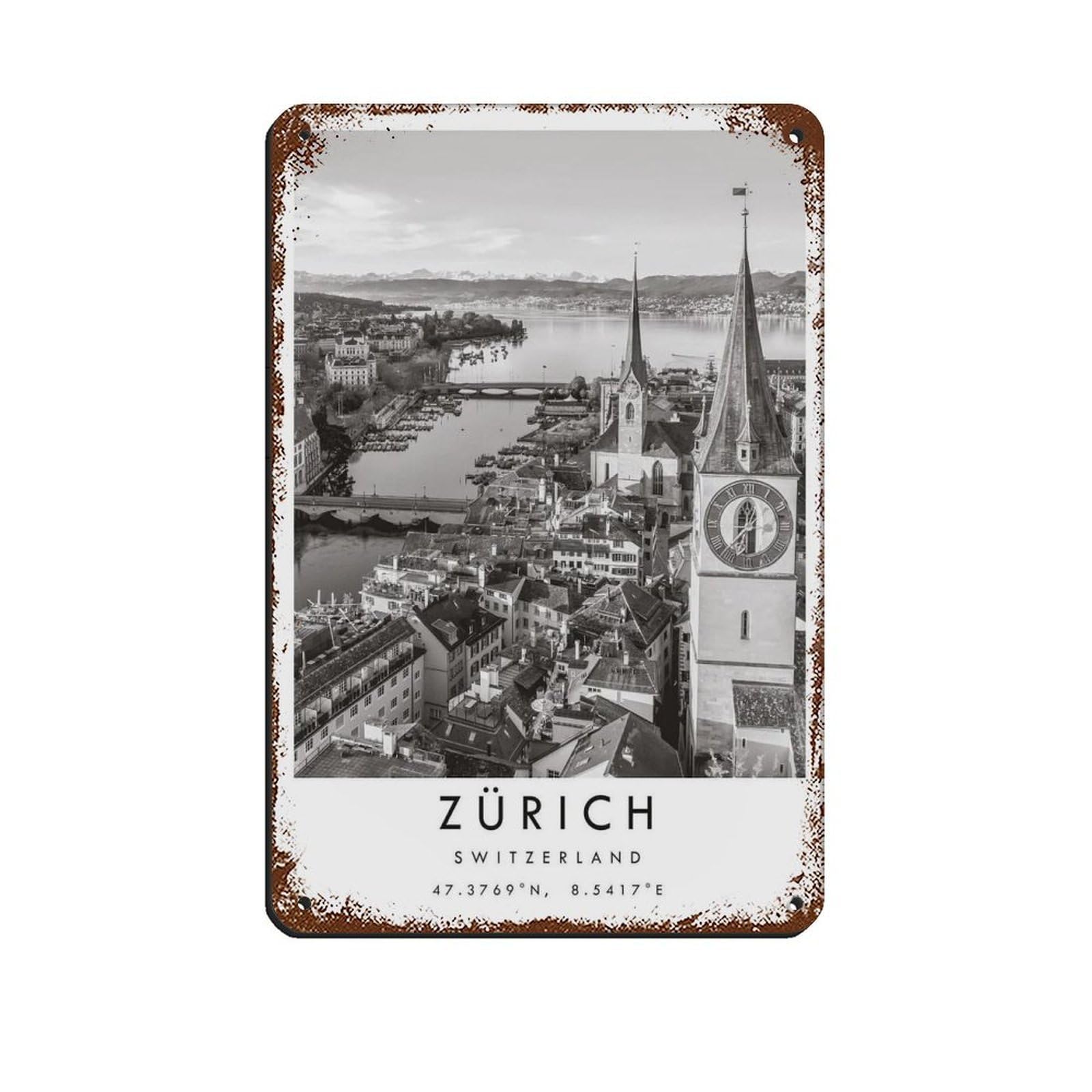 Zurich Travel, Switzerland Poster Retro Poster Metal Tin Sign Chic Art Retro Iron Painting Bar People Cave Cafe Family Garage Poster Wall Decoration 8x12inch(20x30cm)