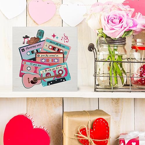 Miniatura 5 de Cartel de caja de madera con diseño de casete retro con diseño de casete y música, decoración del día de San Valentín, 5 x 5 pulgadas