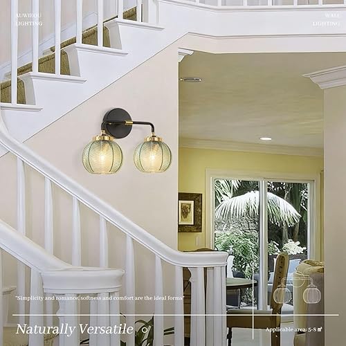 Miniatura 7 de Aplique de pared de baño de 2 luces negras con pantalla de vidrio verde claro con pantalla de vidrio acanalado, luz sobre espejo para dormitorio,