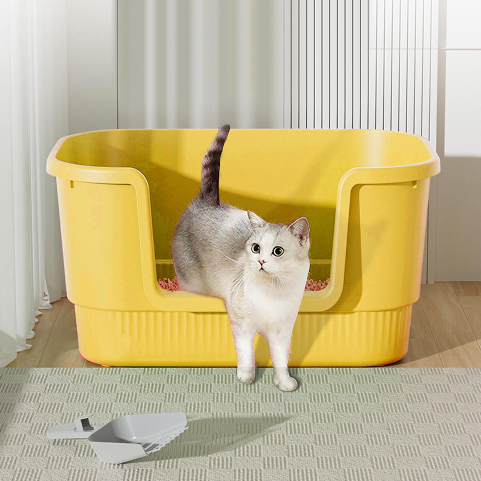 Katzenstreu Schale mit Offenem Oberteil Sifting Katzenklo Hohe Seiten Sandkasten Behälter mit Anti Rutsch Boden Aus PP Material für Mehrkatzenhaushalt, Gelb