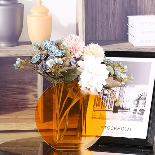 Miniatura 4 de Jarrón redondo naranja de boca ancha con arco geométrico acrílico, moderno jarrón decorativo para el hogar o boda, plástico irrompible, jarrón