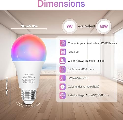 Miniatura 2 de ORALUCE Bombilla inteligente compatible con Alexa y Google Home, bombilla LED A19 E26 equivalente a 60 W, WiFi de 2.4 GHz y Bluetooth que cambia de