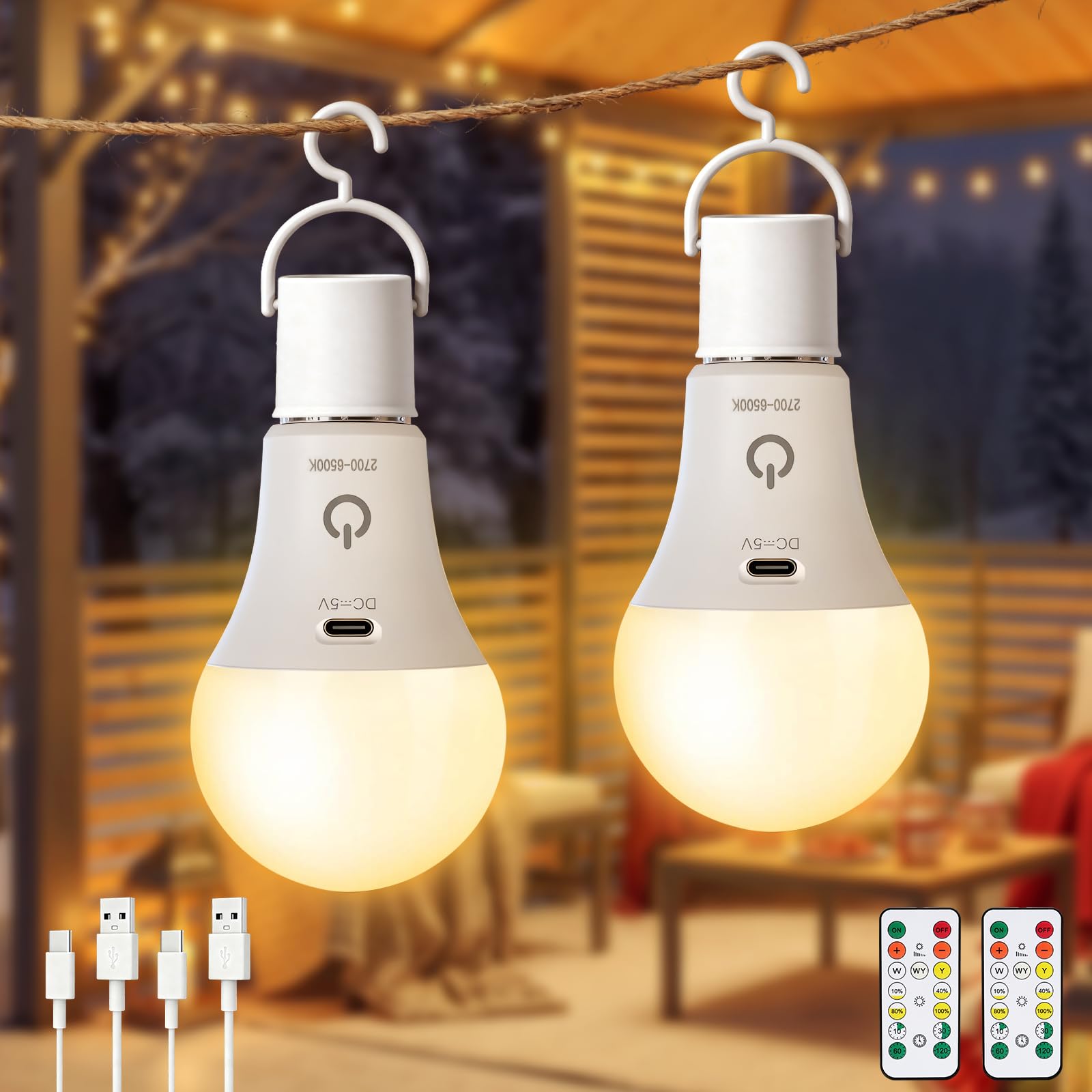 Dehobo Aufladbare Glühbirne Mit Fernbedienung - E27 Glühbirne Mit Batterie Wiederaufladbare - 3 Farben Dimmbare Nachtlicht - Akku birne mit Timer für Schlafzimme, Kinderzimmer, Outdoor Lampe 2 Packs
