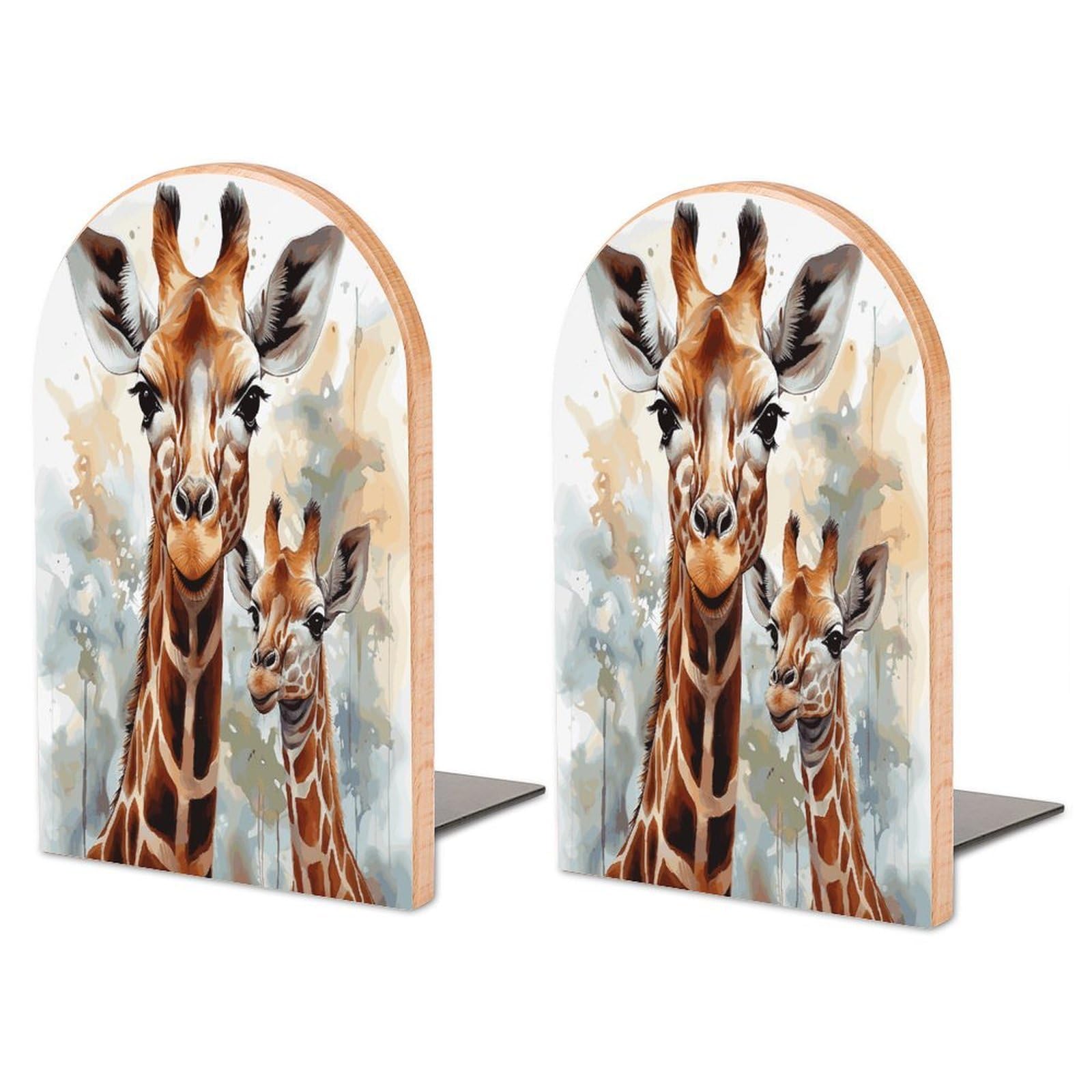Large Watercolor Deer Giraffe Book End with Metal Base Fashion Heavy Duty Bookend Exquisite Wooden Bookends Non-Skid Book Stopper for Shelves Books Organizer for Office Home 1 Pair