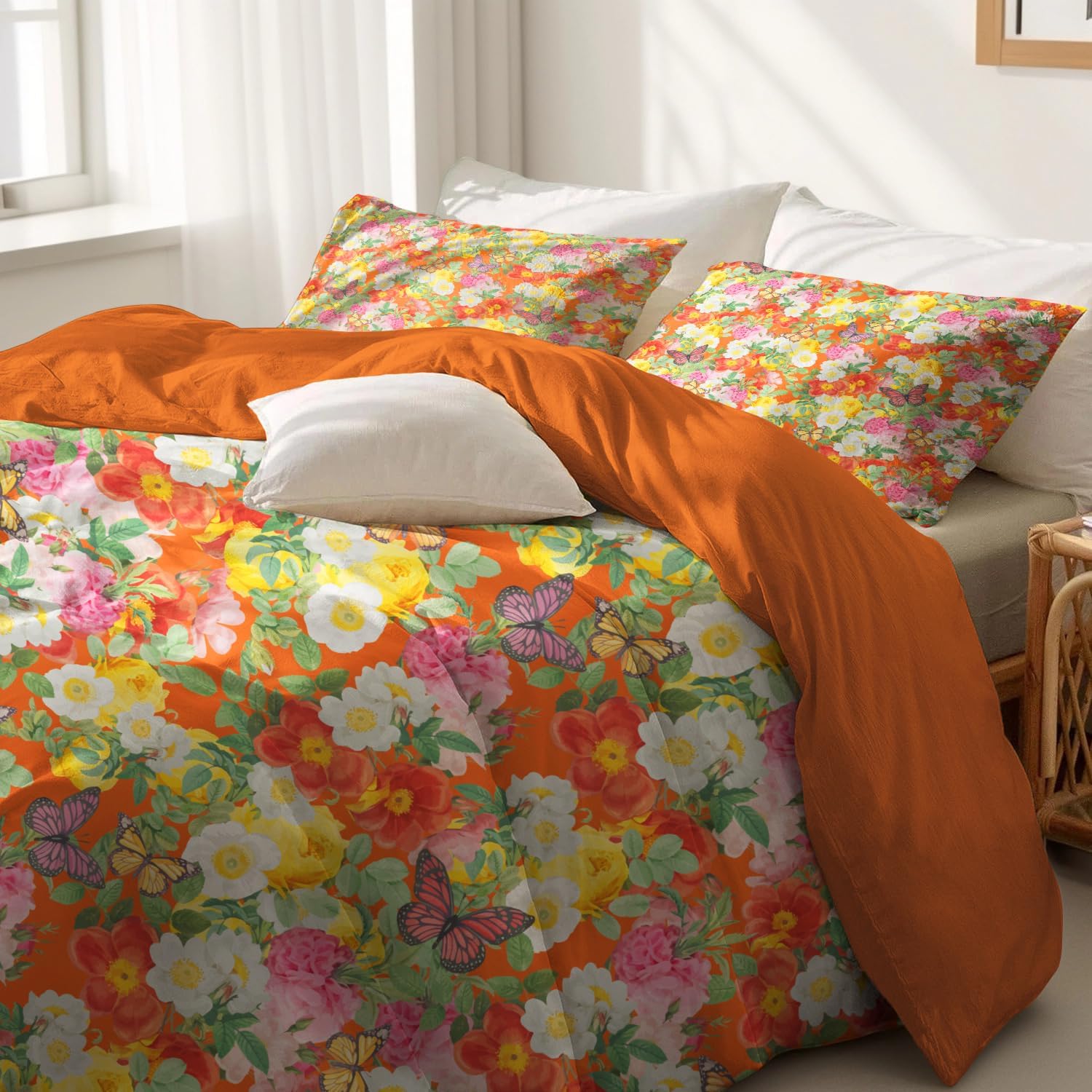 MAGRACE Brunt Orange Duvet Cover King Size, 100% Cotton Bedding Set, 3 PCS 800TC Ultra Soft Floral Bedding Vintage Botanical Comforter Cover with 8 Corner Ties