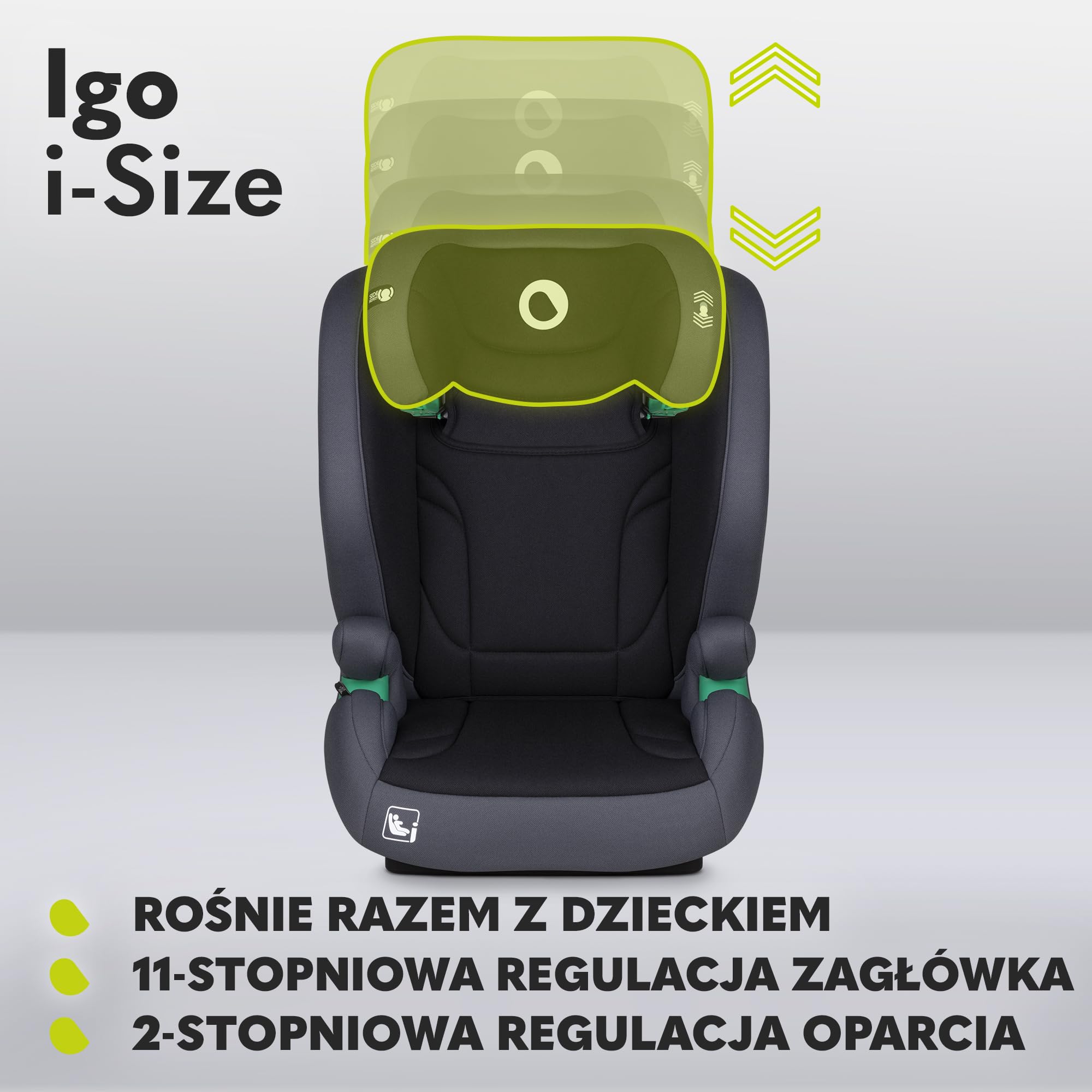 LIONELO IGO I-SIZE Fotelik Samochodowy Dziecięcy, Grupa 2 3, od 100-150 cm Montaż Przodem ISOFIX lub Pasy, Regulacja Oparcia i Zagłówka z Pianką Memory Foam Wypinane Oparcie (Grafitowy)