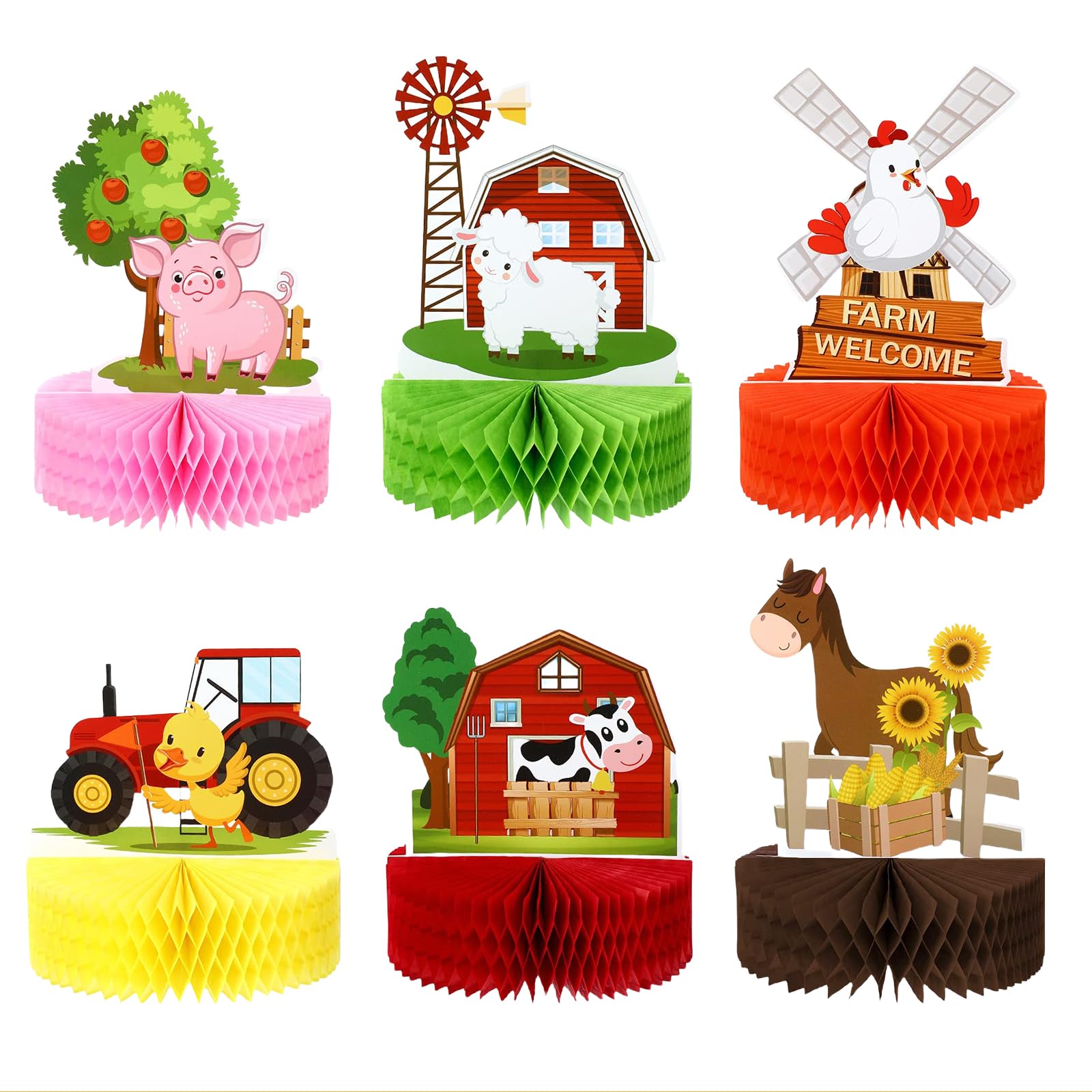 Décorations De Table Animaux De La Ferme - Lot De 6 Balles En Nid D'abeille 3D - Pour Anniversaire, Baby Shower, Thème Ferme