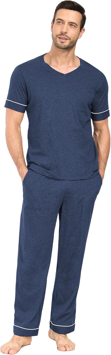 EA'S SECRET Mens Pajamas Set Short Sleeve Sleepwear 100% Cotton Nightwear Soft Comfy Pjs Sleep Set With Pocket - Image 4