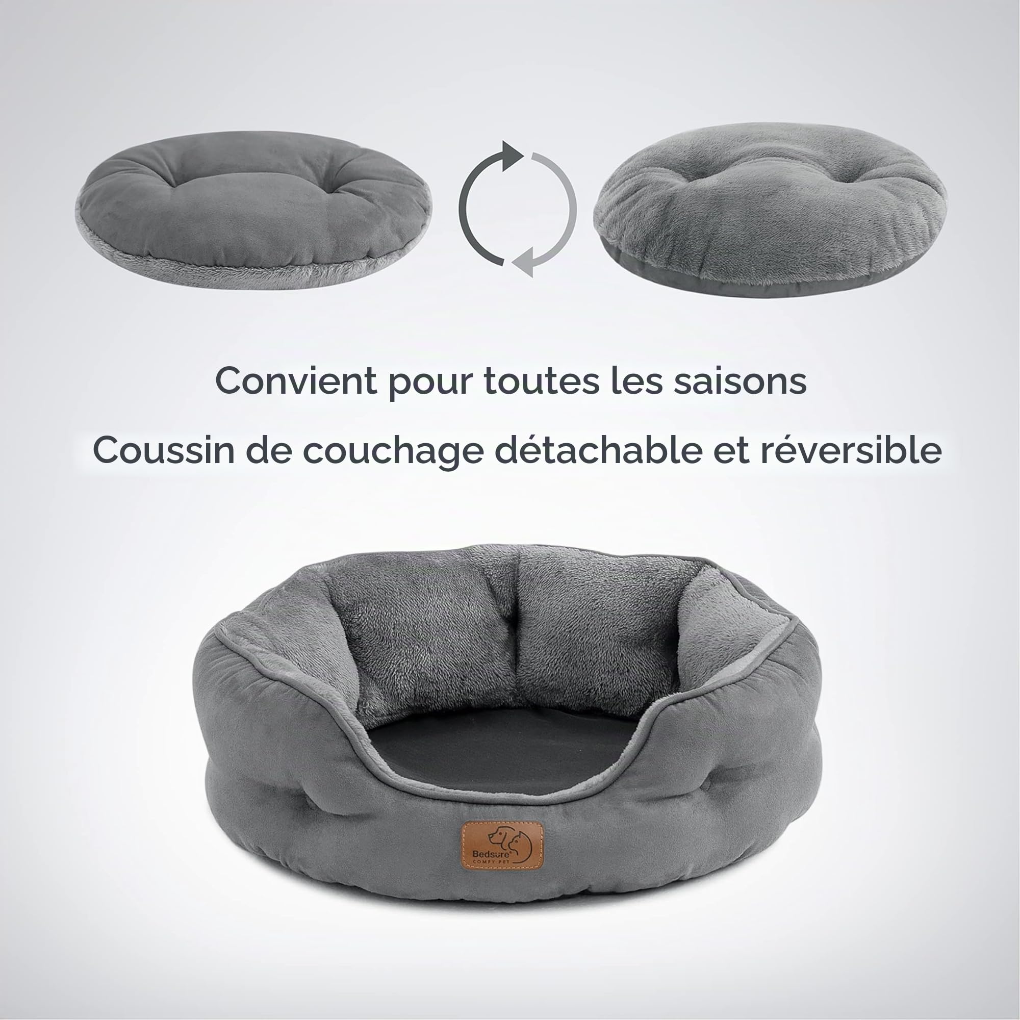 Bedsure Lit Lavable pour Chats - Canapé Antidérapant d'Intérieur, Rond Gris 51x48x15cm