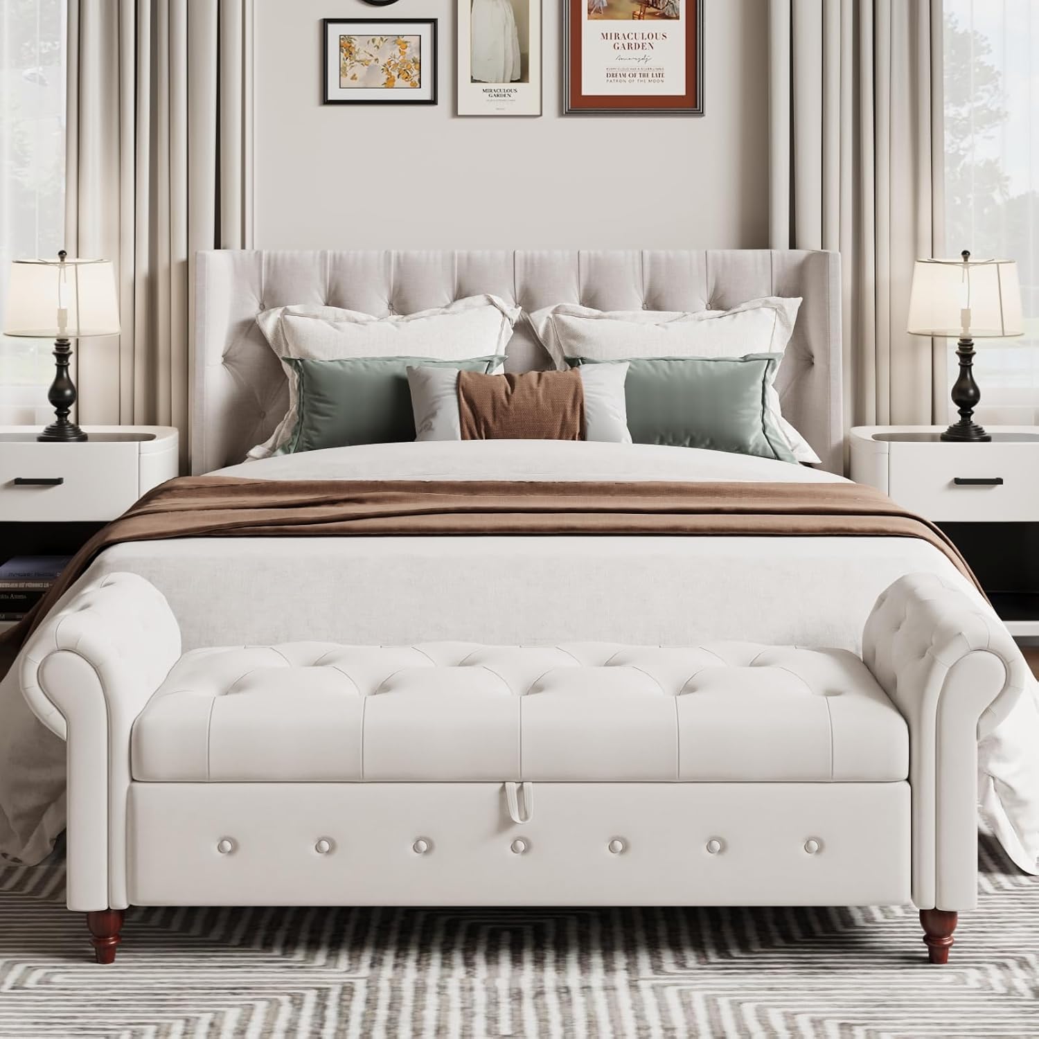 Modern 63'' Storage Ottoman Bench, Upholstered End Bed Bench with Curved Armrest, Button Tufted Entryway Bench with Wood Legs, Bed Bench for Bedroom, Living Room, Hallway (Beige)