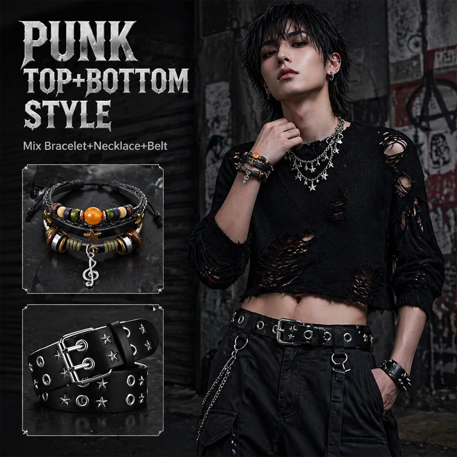 Juego de 10 accesorios unisex Y2K que incluye cinturón con estampado de estrellas, juego de pulseras de 7 piezas, gargantilla gótica negra y cadena de cintura de metal, cuero negro, moda