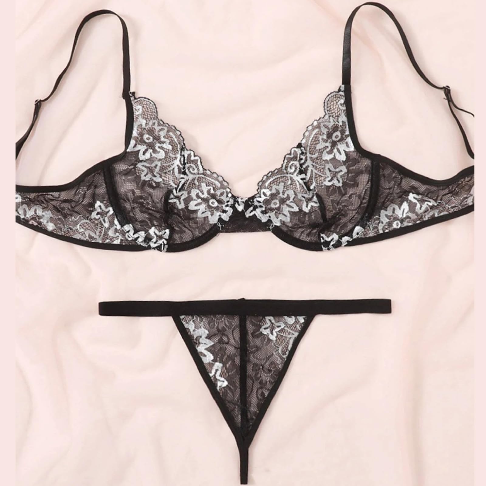 bodysuitNero Sexy Lingerie Traforata con Spalline Trasparenti Reggiseno Set Sexy (Nero S)