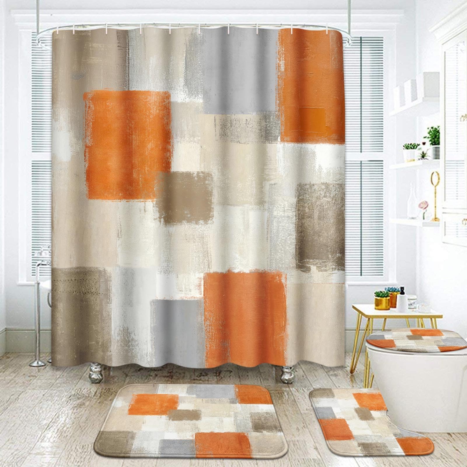 ArtSocket Abstract Orange Bathroom Set with Shower Curtain and Rugs Accessories, Brown and Gray Modern Shower Curtain, Orange Bathroom Decor 4 Pcs