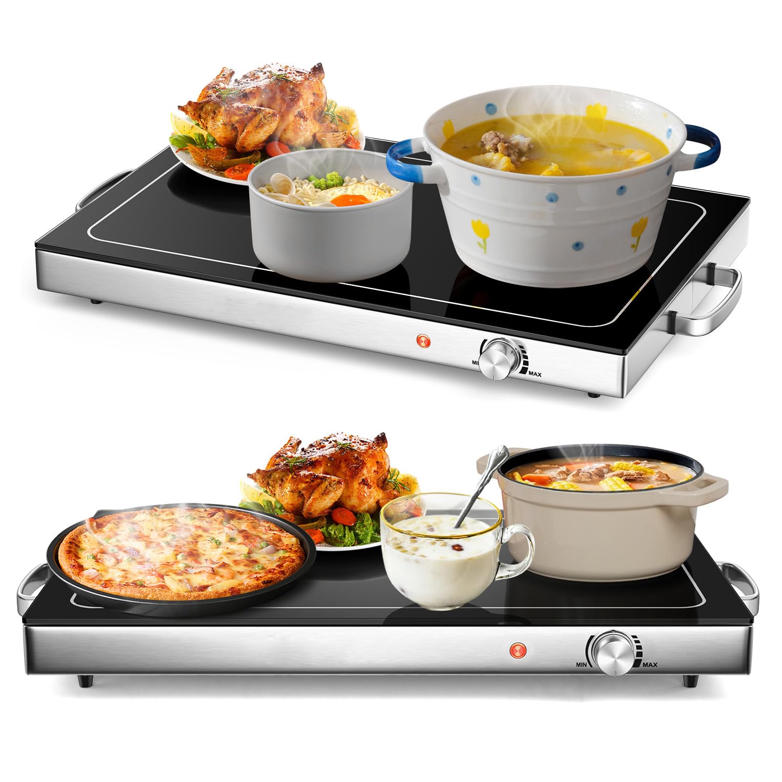 RELAX4LIFE Chauffe-Plat Électrique 300W avec Plaque en Verre Trempé 56 × 36 cm & Poignées Latérales en INOX pour Maintenir au Chaud, Traiteur, Buffet & Fête, Chauffe Rapide…