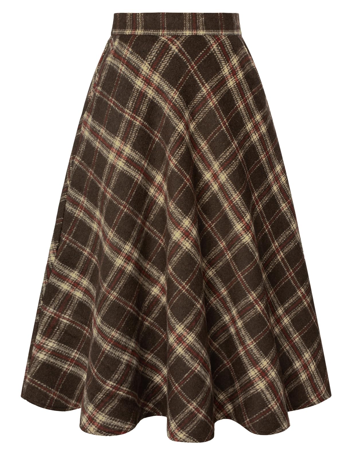 Belle Poque Women Plaid Skirt with Pockets Midi Length High Elastic Waisted Vintage A Line Fall Winter Skirts