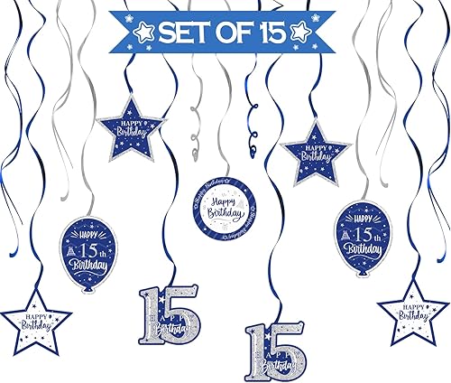 Miniatura 4 de Juego de decoraciones para fiesta de cumpleaños de 15 años, serpentinas azules con soporte de globo de mesa azul, decoraciones de fiesta de