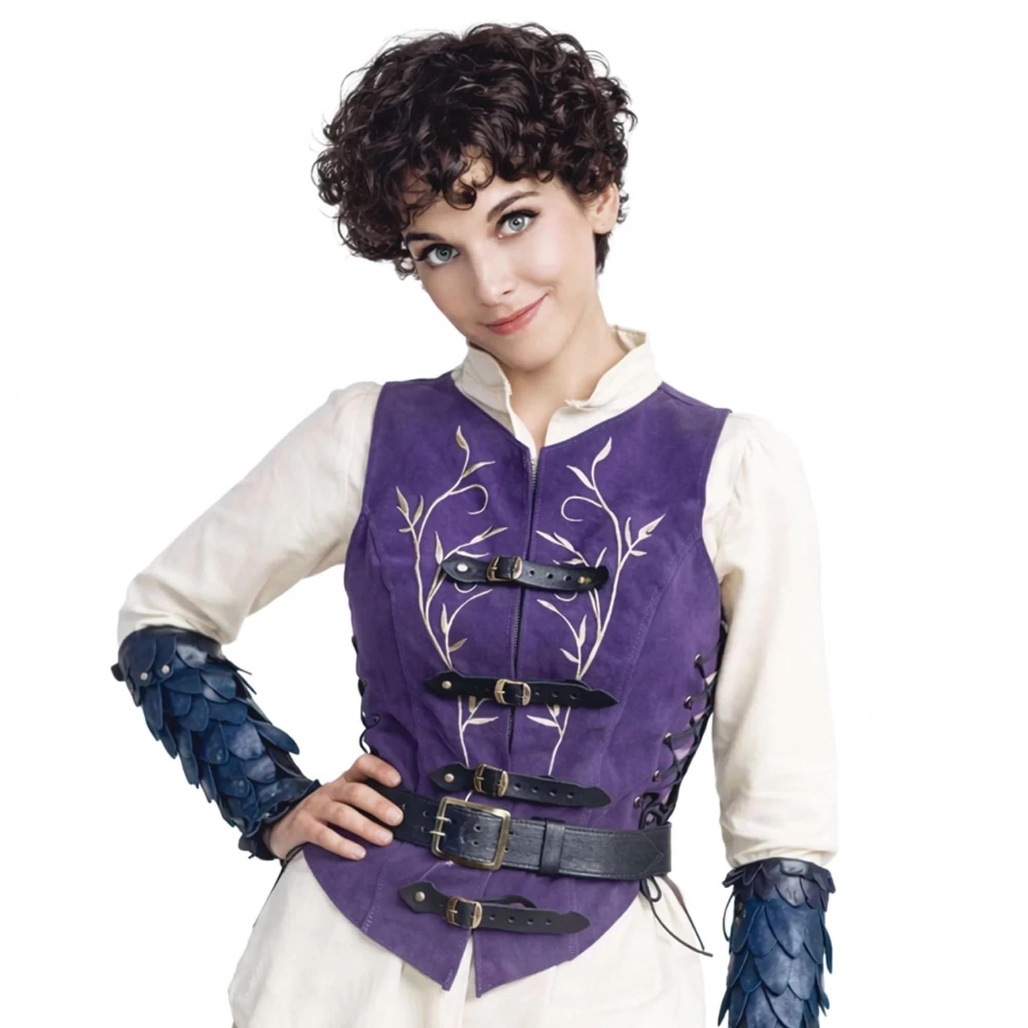 RAWBLADE Lassel Short Jerkin, Medieval Leather Vest with Floral Embroidery & Buckle Fastening, LARP Costume for Renaissance Fair, Cosplay & Historical Reenactment