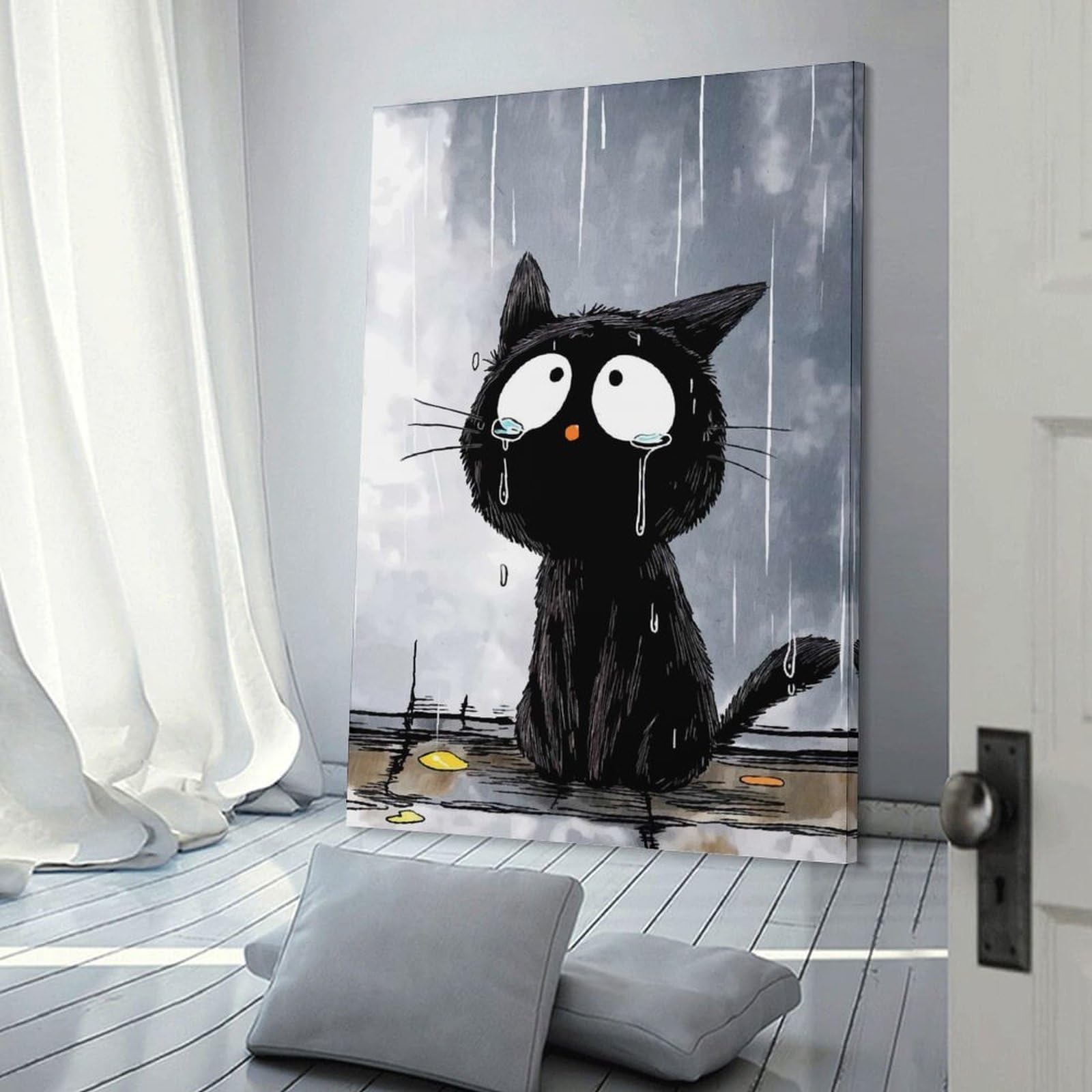 Junmoney Sad Black Cat in The Rain Wall Art Print 12x18inch(30x45cm), for Gallery Wall Layouts in Home Or Office, An Easy Match for Collected Prints