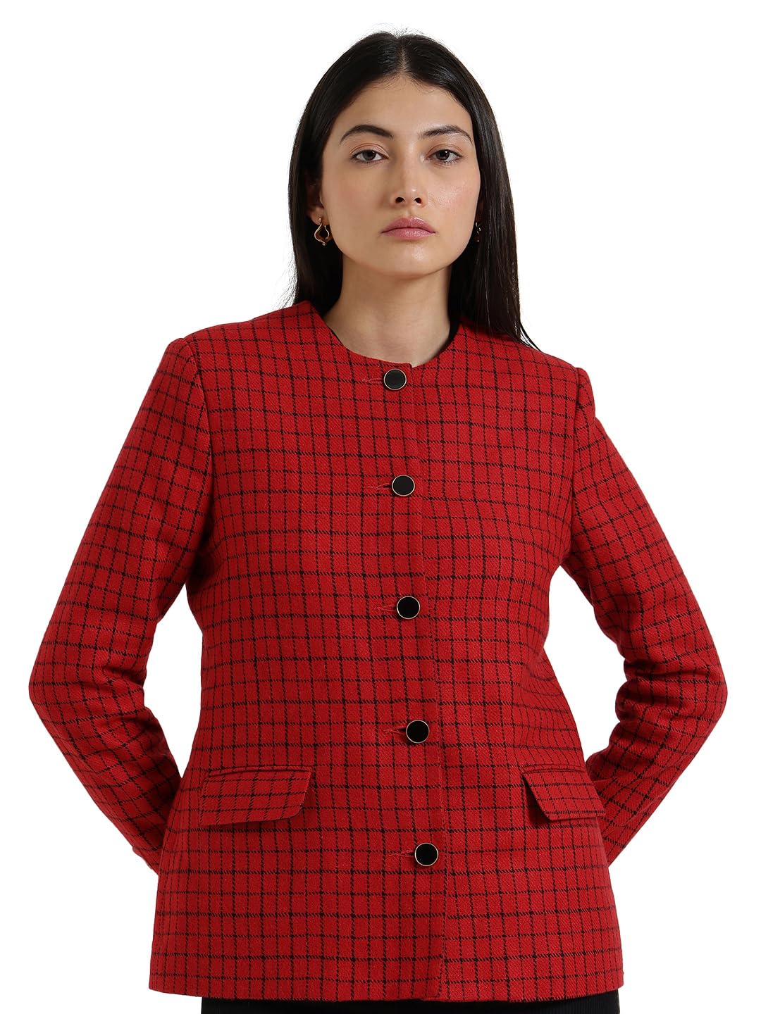 Global Desi Women Tailored Jacket | Tailored Fit Round Neck Plaid Design | Premium Tweed Fabric & Wrinkle-Resistant Material For Work & Formal Wear in neutral