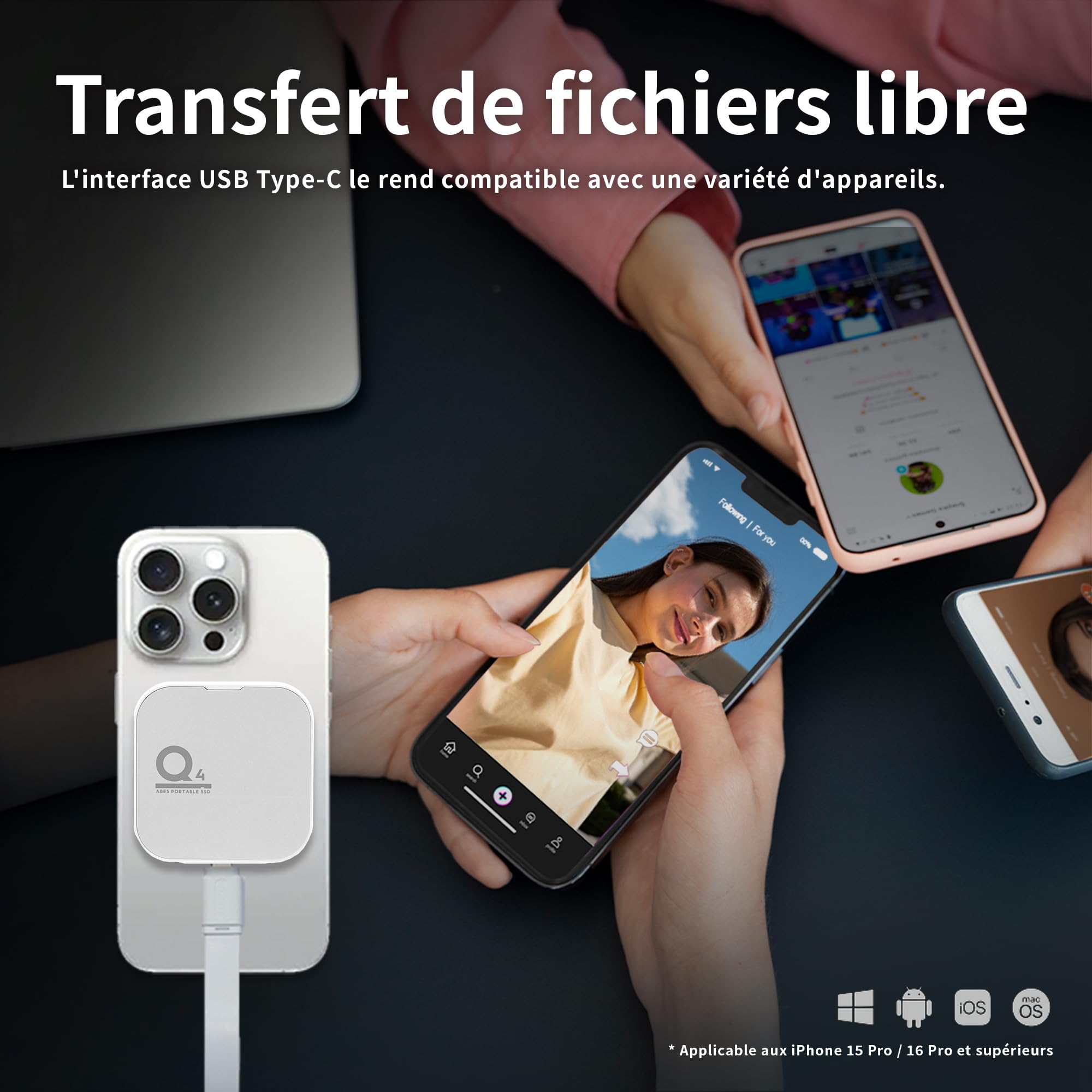 DATO SSD Externe Magnétique 2 to, USB 4.0 Gen 3x2 Jusqu’à 4000/3600 Mo/s, Type C 4K ProRes HDR, Compatible avec iPhone 15 & 16 Pro Max - ARES Q4 Série