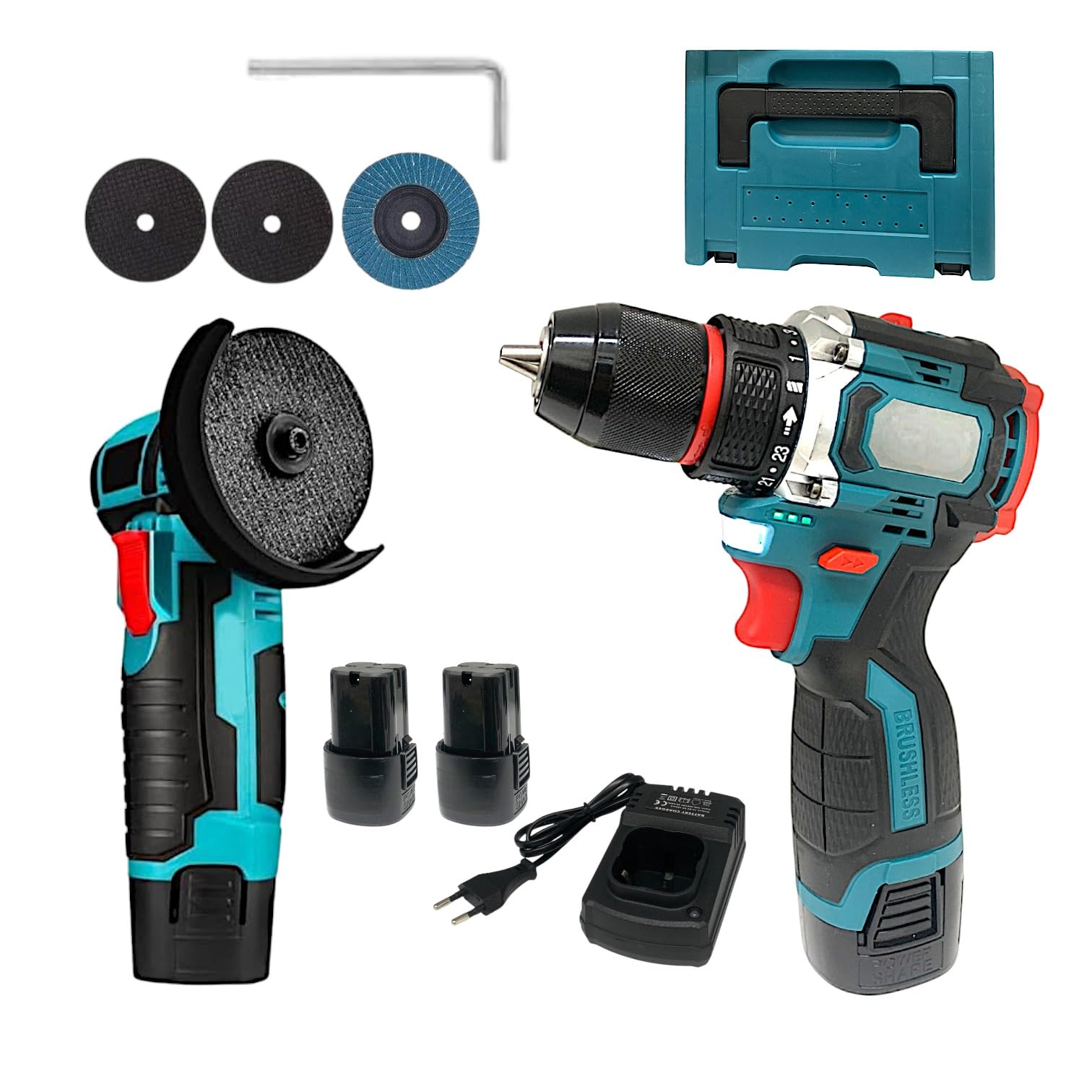 Set 2 in 1 Avvitatore + Mini Smerigliatrice 3" con Doppia Batteria 48V 5000mAh Motore Brushless in Valigetta