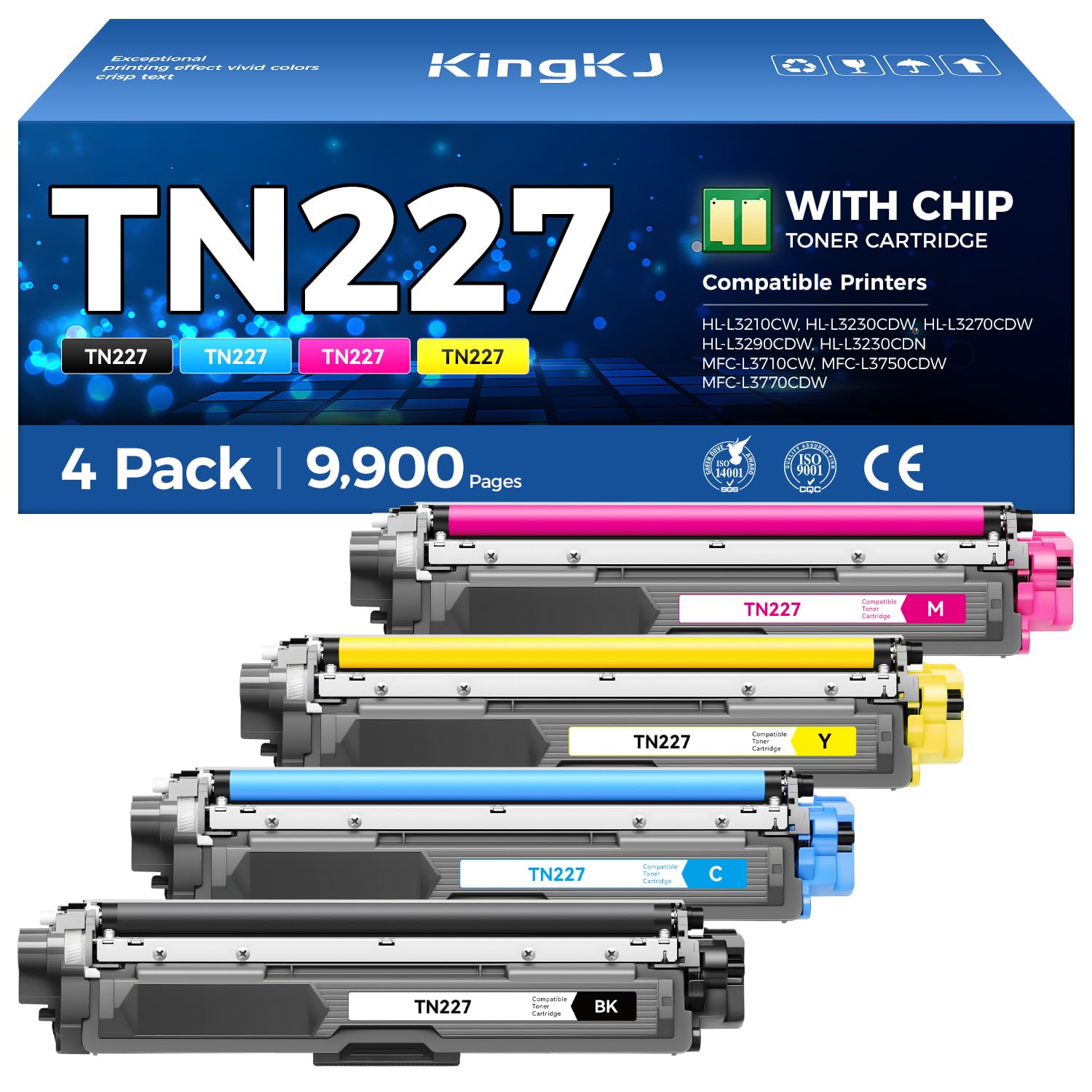 TN227 Toner Cartridge Set 4-Pack Black Color Replacement for Brother TN-227 TN223 Compatible with HL-L3270CDW HL-L3210CW MFC-L3770CDW HL-L3290CDW MFC-L3750CDW L3710CW HL-L3230CDW L3230CDN Printer Ink