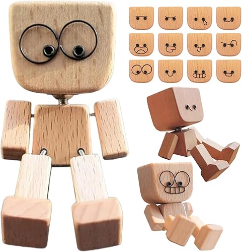 Miniatura 7 de Figura de hombre de madera temblorosa  12 caras magnéticas intercambiables, muñeca de madera hecha a mano para decoración de tablero de automóvil,