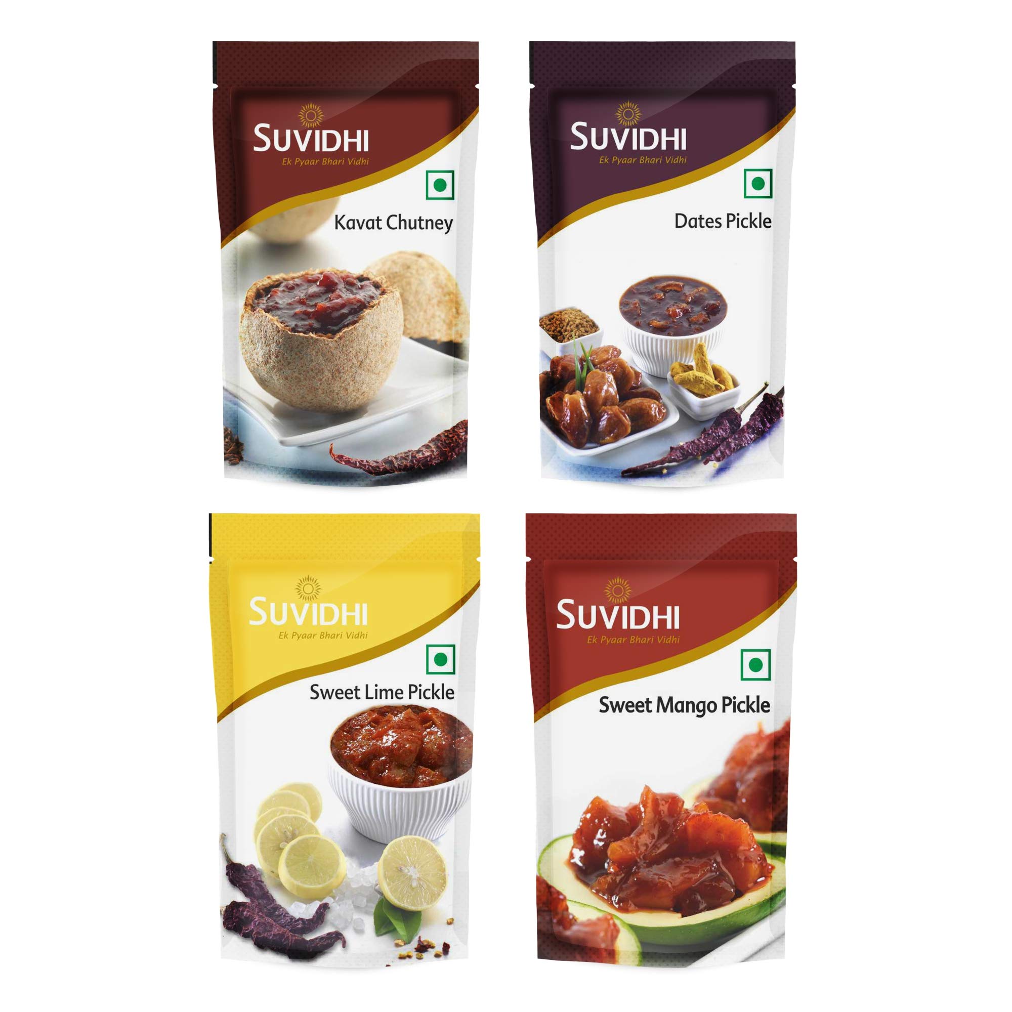 Suvidhi Chutney and Pickle Combo Pack of 12 Total 1200gm | Includes 3 Kavat Chutney, 3 Dates Pickle, 3 Sweet Lime Pickle and 3 Sweet Mango Pickle 100gm Each | Authentic Indian Condiments | Perfect Accompaniment for Chapati, Roti, Rice, Dal, Khichdi and Paratha