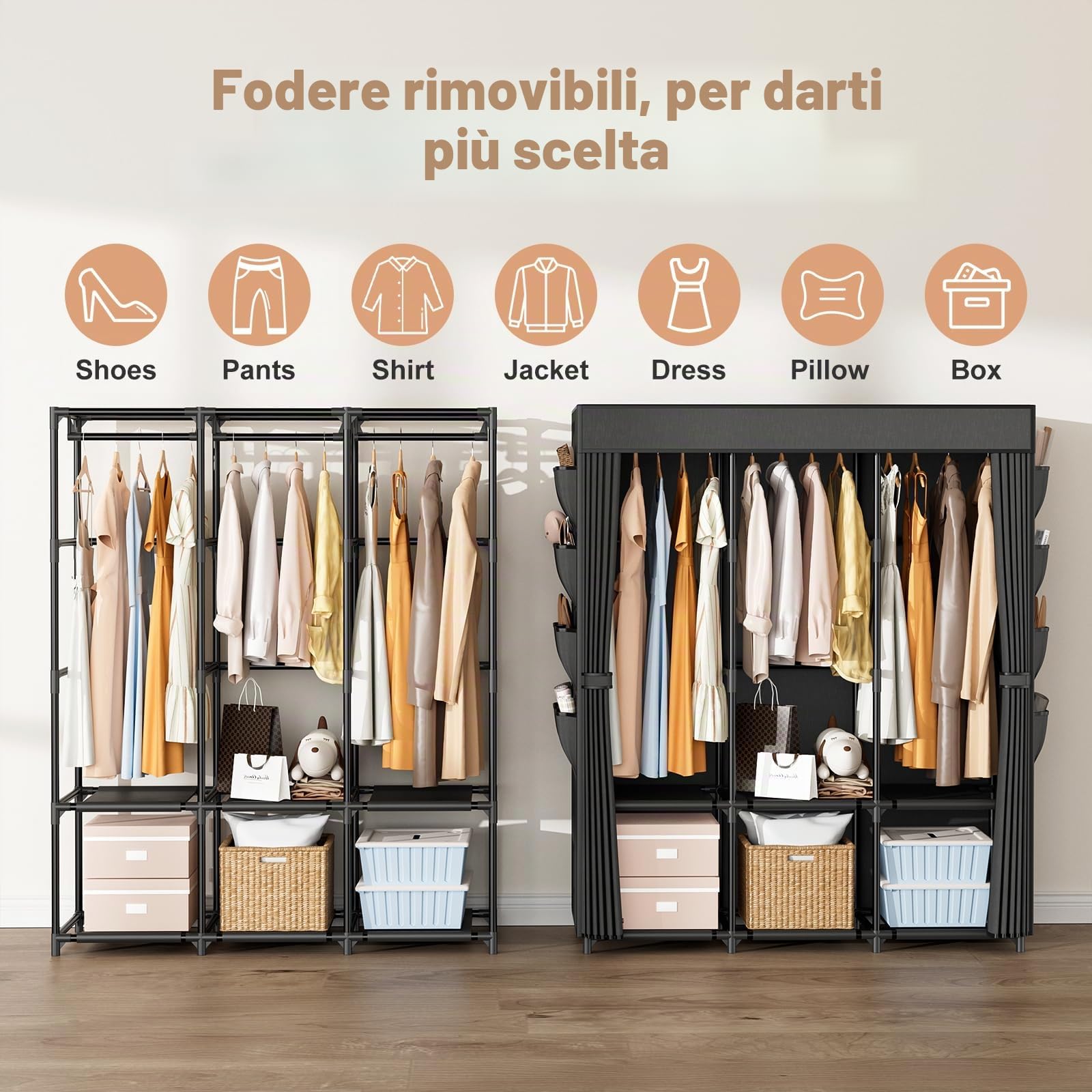Vicye Armadio in Tessuto, Guardaroba Grande da 3 Barra Appendiabiti, 3 Ripiani e 8 Tasche Laterali, Armadio Camera da Letto con Copertura, Armadio Pieghevole per Spogliatoio 125 x 42,5 x 160 cm Nero