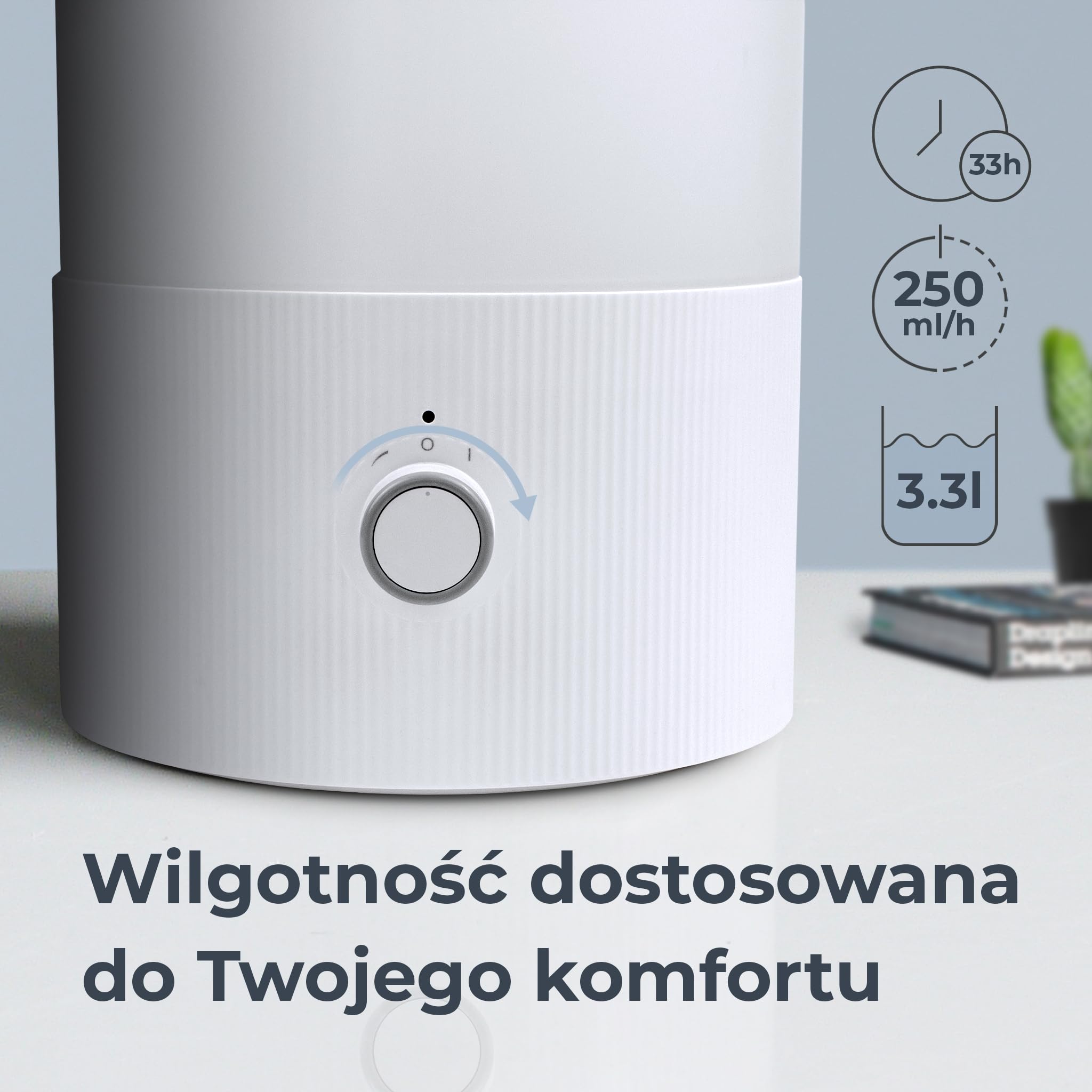 Noaton Essential Nawilżacz powietrza do sypialni 3,3L, dla dzieci i roślin, napełnianie od góry, czas pracy 33 godziny, oświetlenie LED, kontrola mgiełki, lampka nocna…
