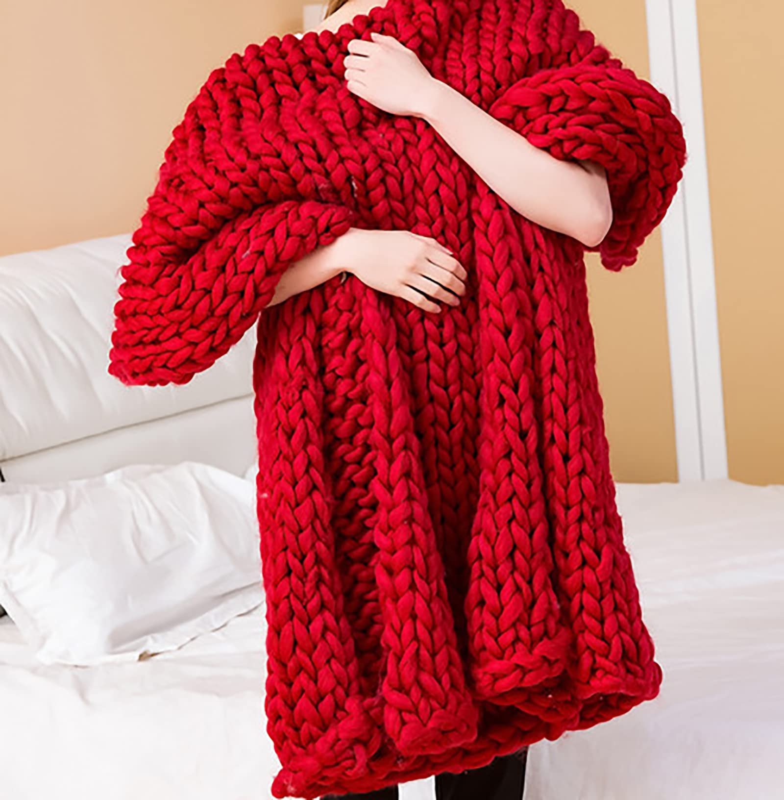 XWCG Chunky Knit Blanket - Soft & Warm Wool Blend Throw for Sofa, Chair & Home Decor - Handmade, Red, 100 * 100cm