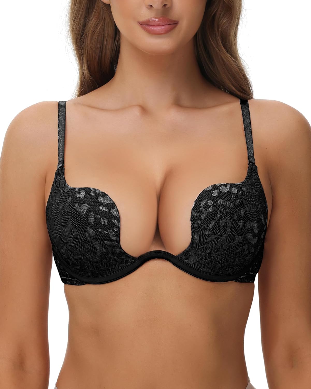 Women's Push Up Bra Deep V Plunge Sexy Cleavage Low Cut Back Underwire Bras Leopard Lace Convertible Multiway